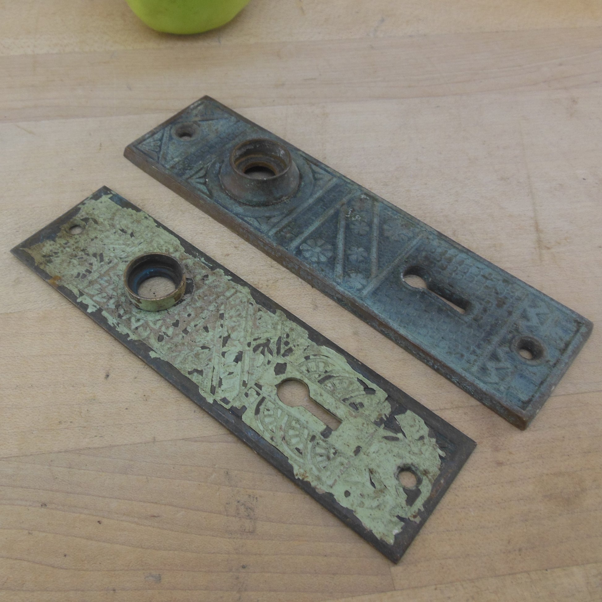 Antique 2 Piece Lot Bronze Victorian Eastlake Mortise Door Lock Back Plates Used
