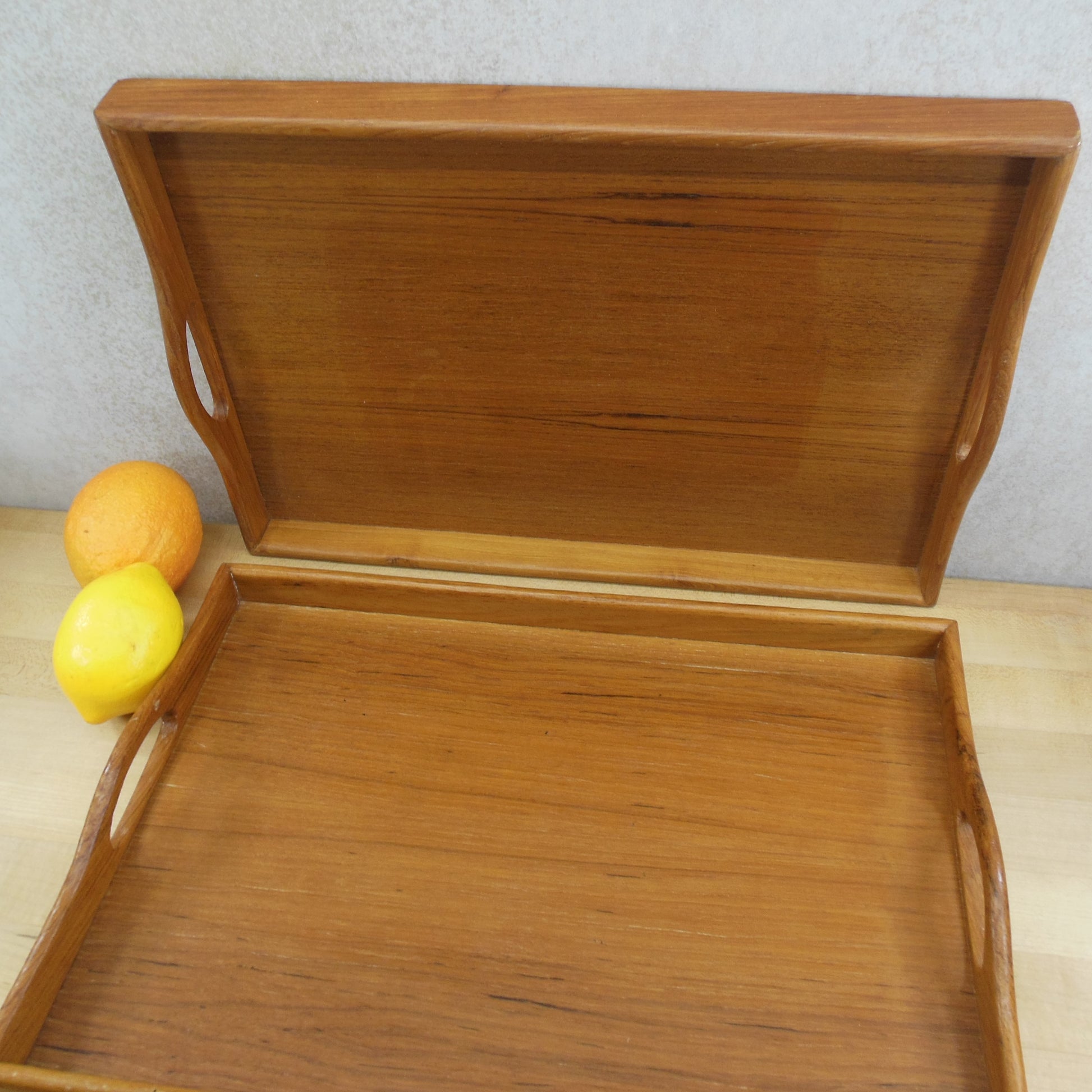 Pair Teak Wood Rectangular Serving TV Bed Tray Double Handle Vintage