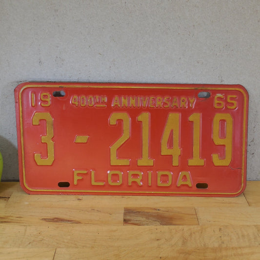 Florida 1965 License Plate Tag 400th Anniversary 3-21419 Hillsborough