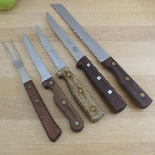 Stainless Wood Kitchen Knives Fork 5 Lot - Farberware Forschner Golden Eagle Yorktowne