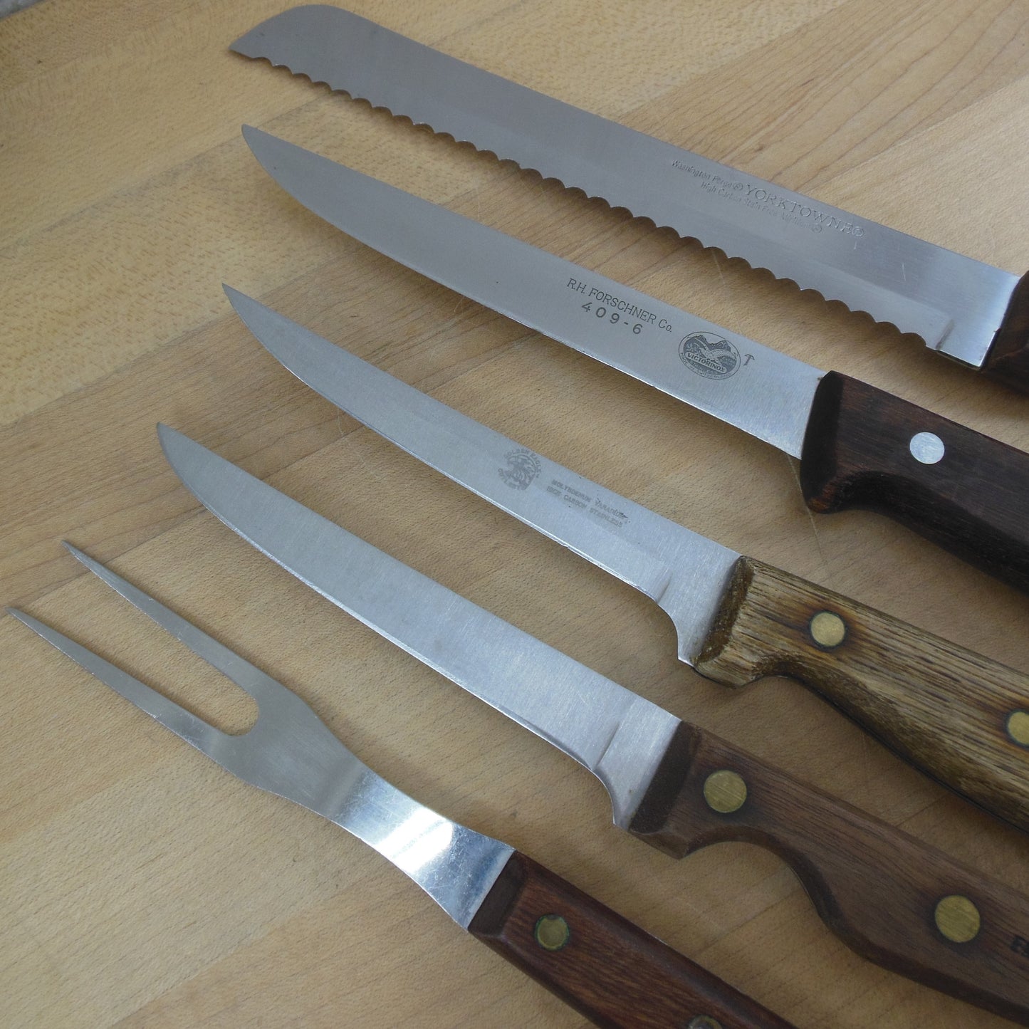 Stainless Wood Kitchen Knives Fork 5 Lot - Farberware Forschner Golden Eagle Yorktowne vintage