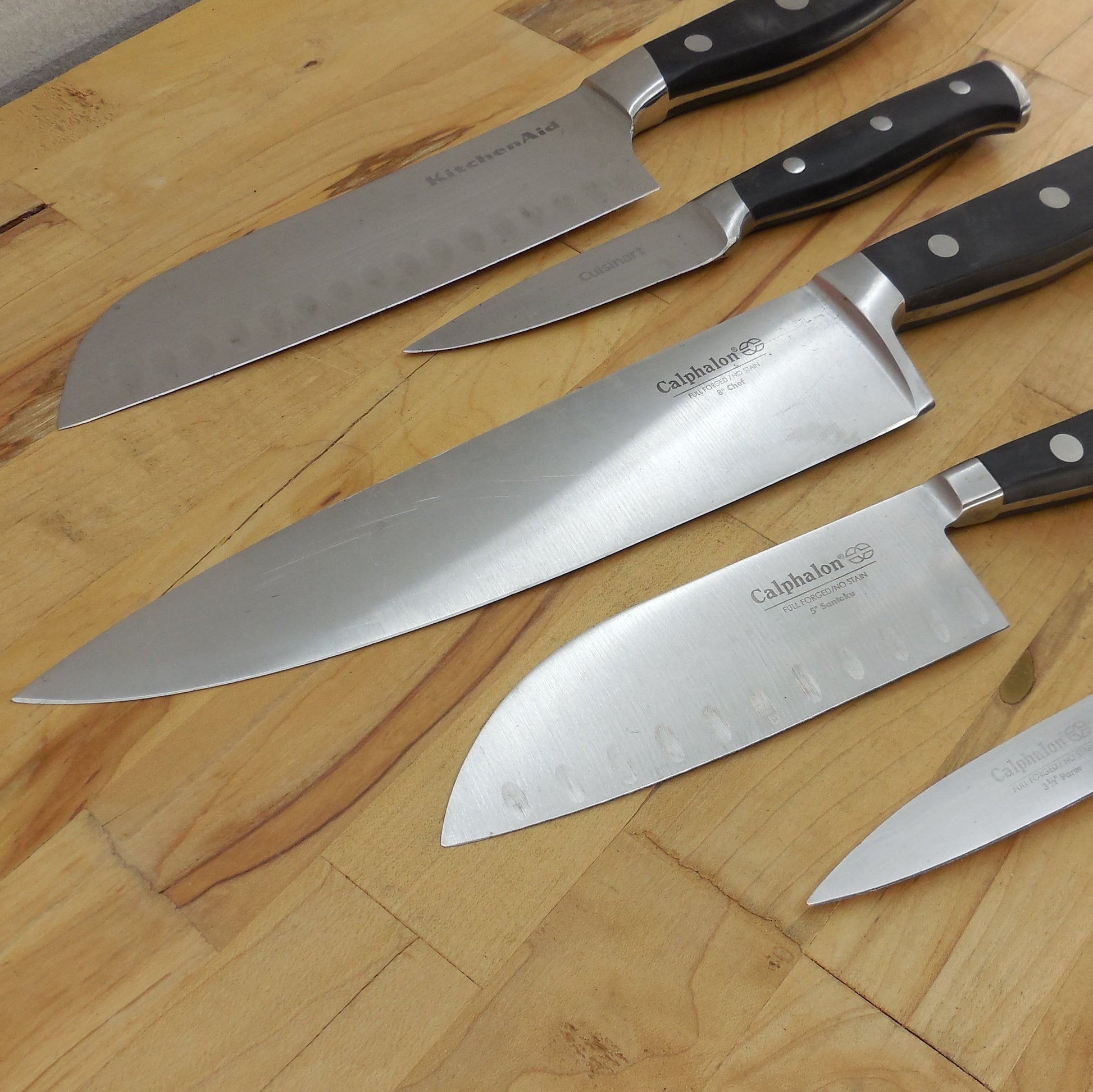 5 Lot Kitchen Knives Calphalon German Steel Cuisinart KitchenAid Chef Paring Santoku