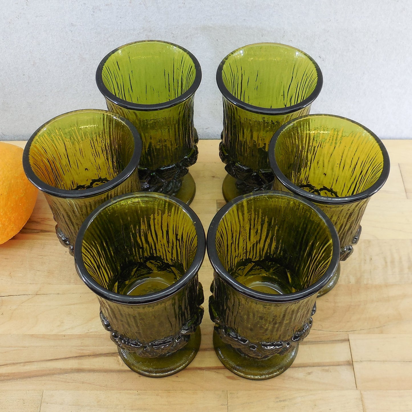 Fostoria Sorrento Green 5" Wine Glass Goblet - 6 Set Vintage Textured MCM
