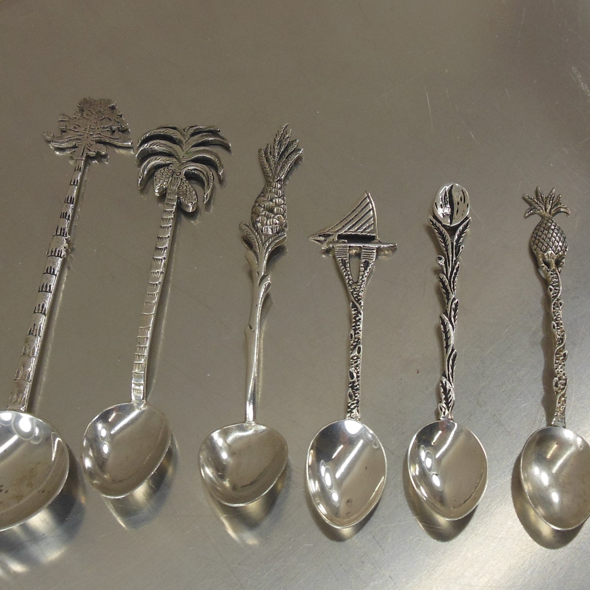 Estate 6 Lot 900 Silver Souvenir Spoons Caribbean Palm Pineapple Poker Club 1952 Bahia