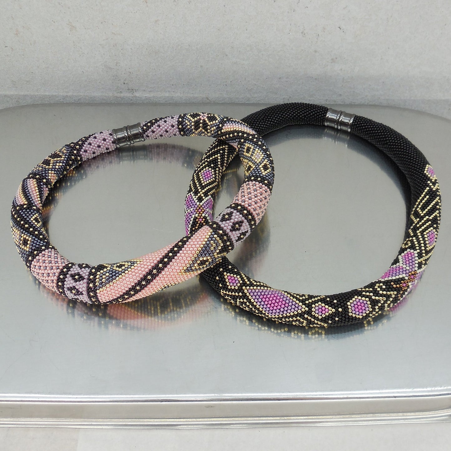 Estate Pair Crochet Sead Bead Rope Necklaces Chokers Magnetic Pink Black