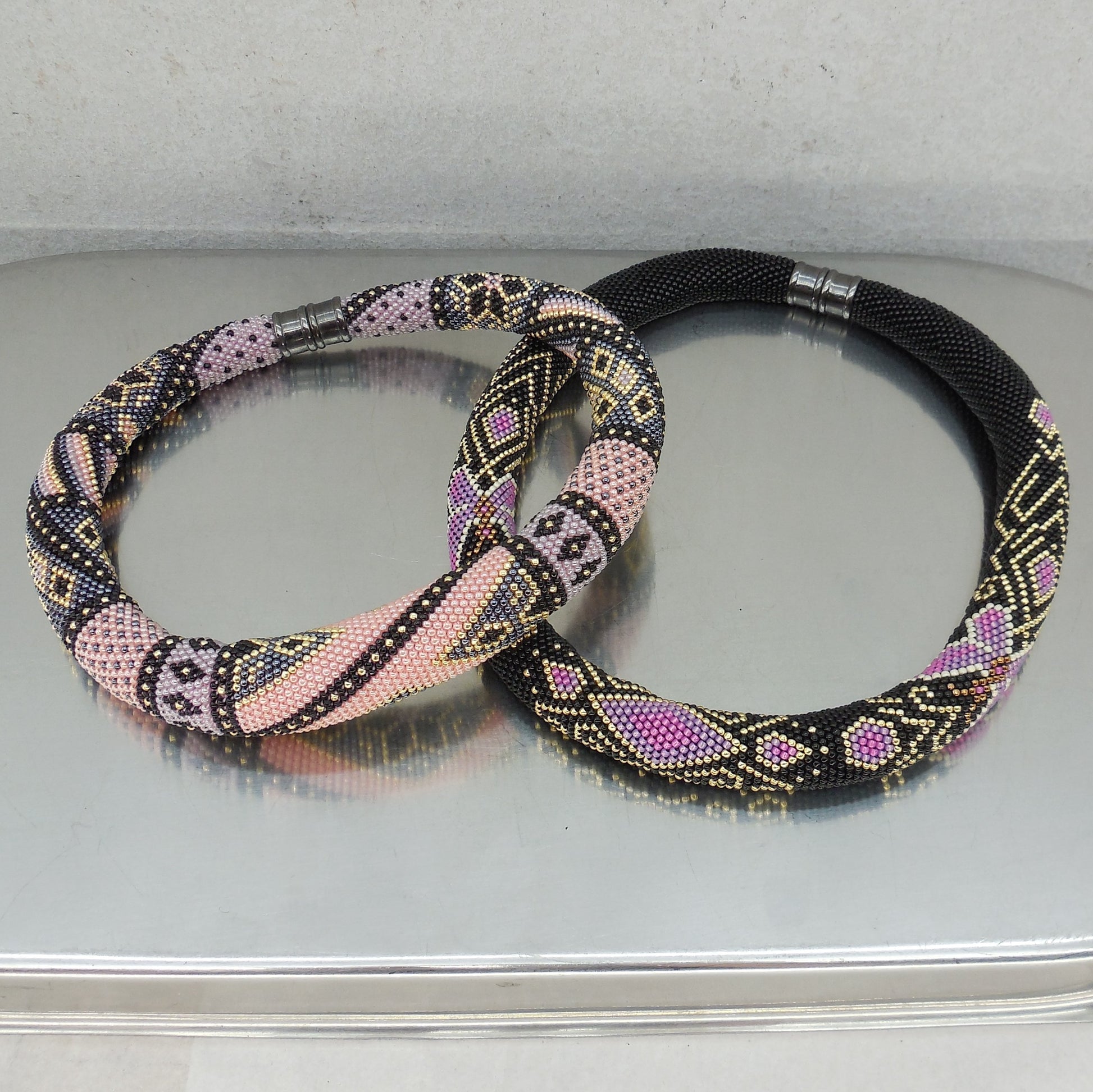 Estate Pair Crochet Sead Bead Rope Necklaces Chokers Magnetic Pink Black