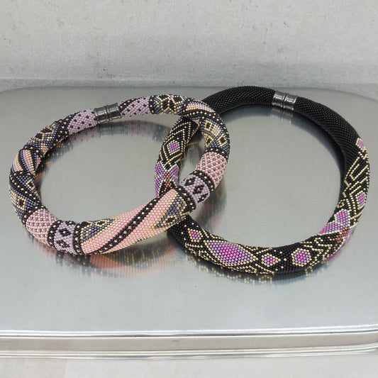 Estate Pair Crochet Sead Bead Rope Necklaces Chokers Magnetic Pink Black