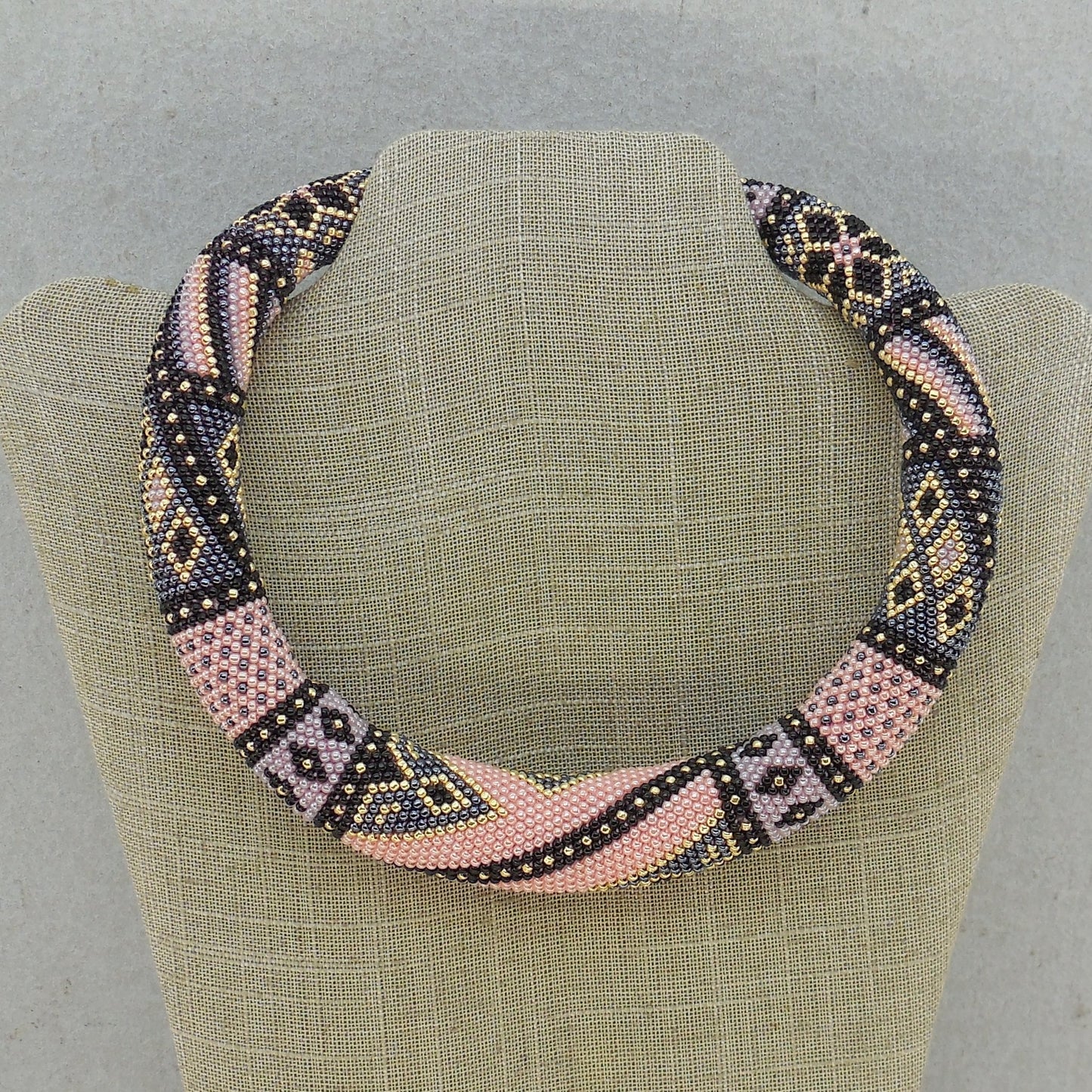Estate Pair Crochet Sead Bead Rope Necklaces Chokers Magnetic Pink Black Used