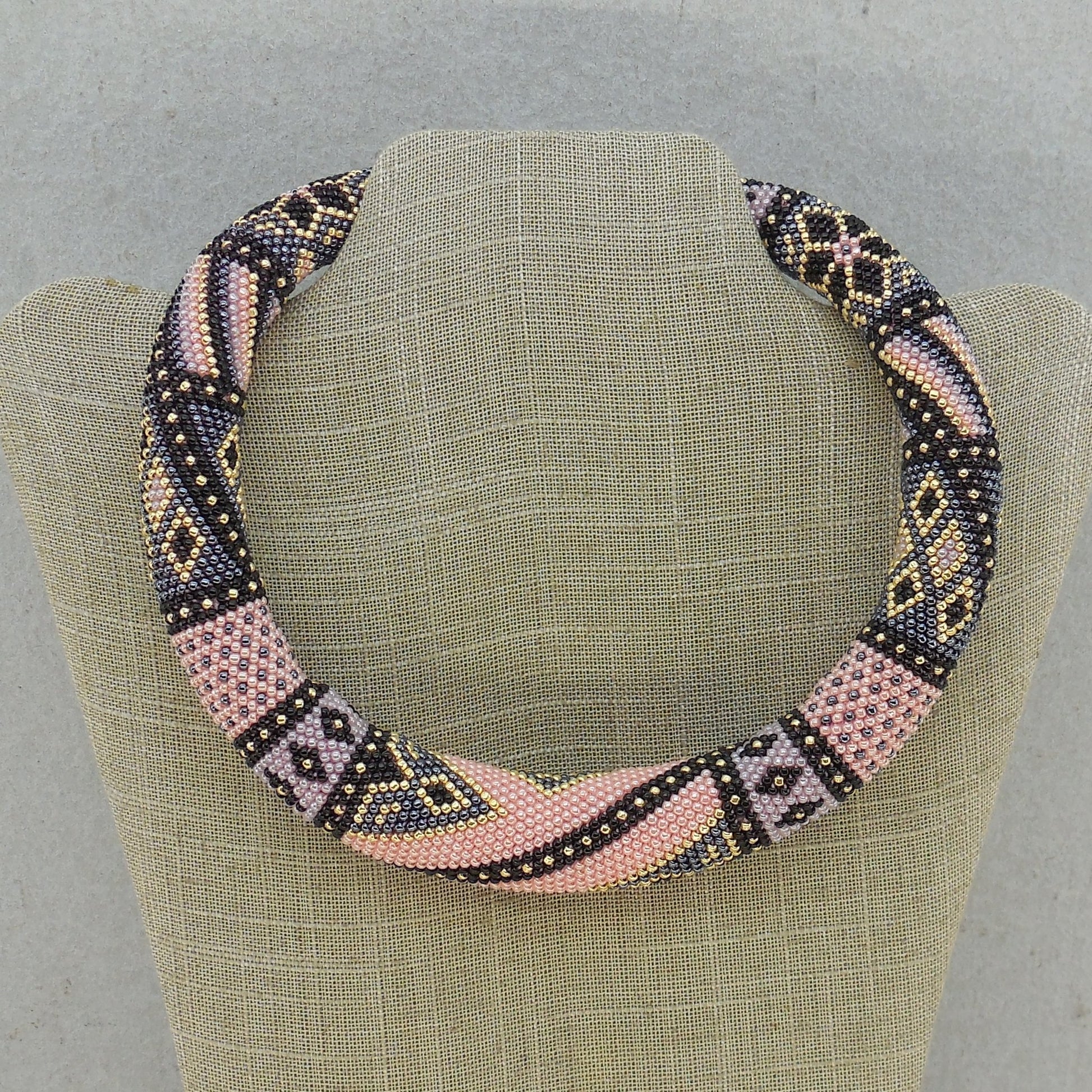 Estate Pair Crochet Sead Bead Rope Necklaces Chokers Magnetic Pink Black Used