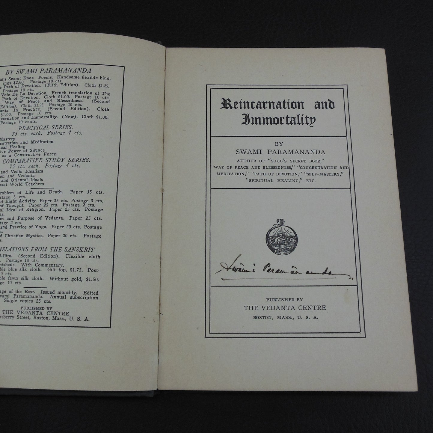 Swami Paramananda Signed Book - Reincarnation and Immortality 1923 Title Page
