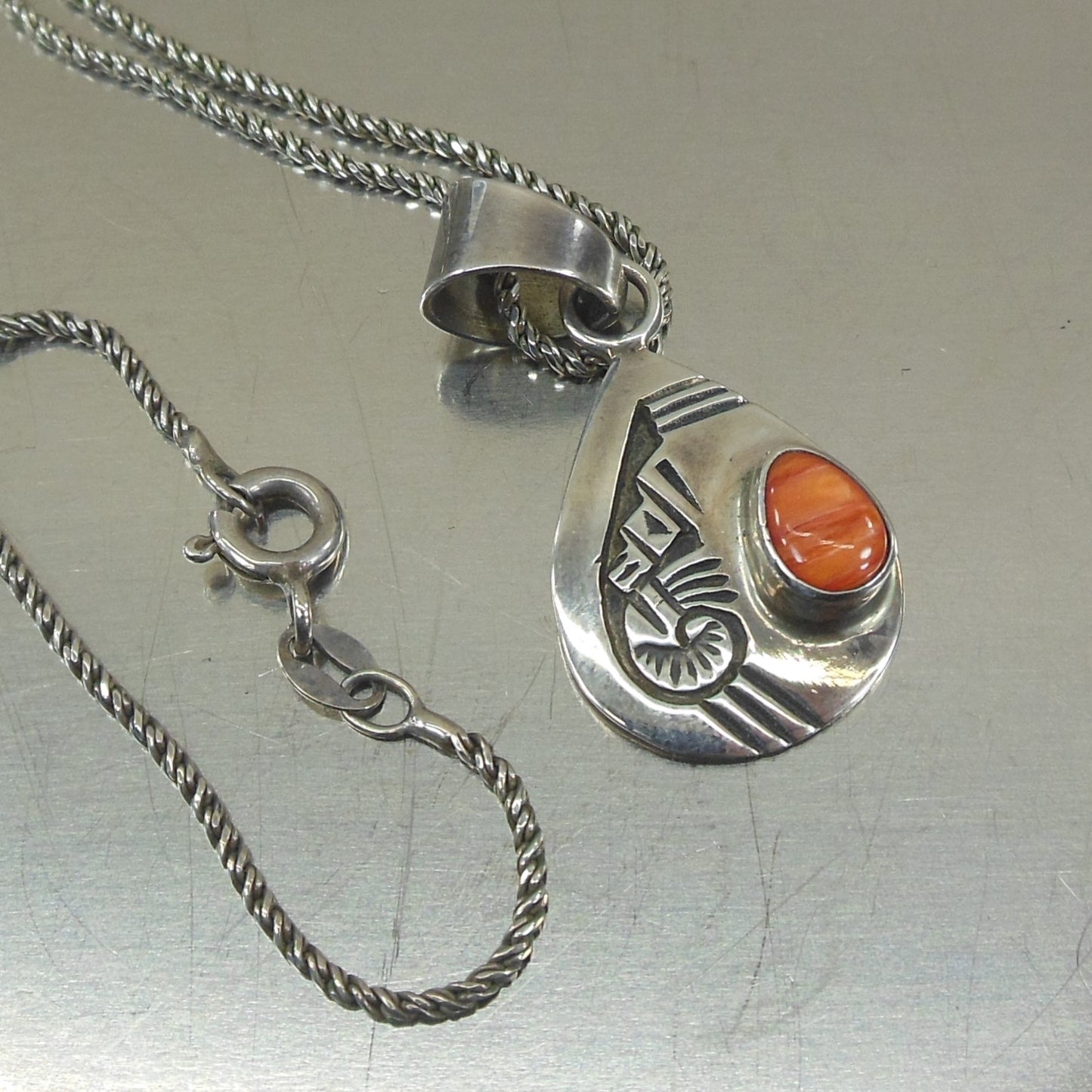 CL Signed Native American Sterling Orange Agate Pendant Necklace Chain
