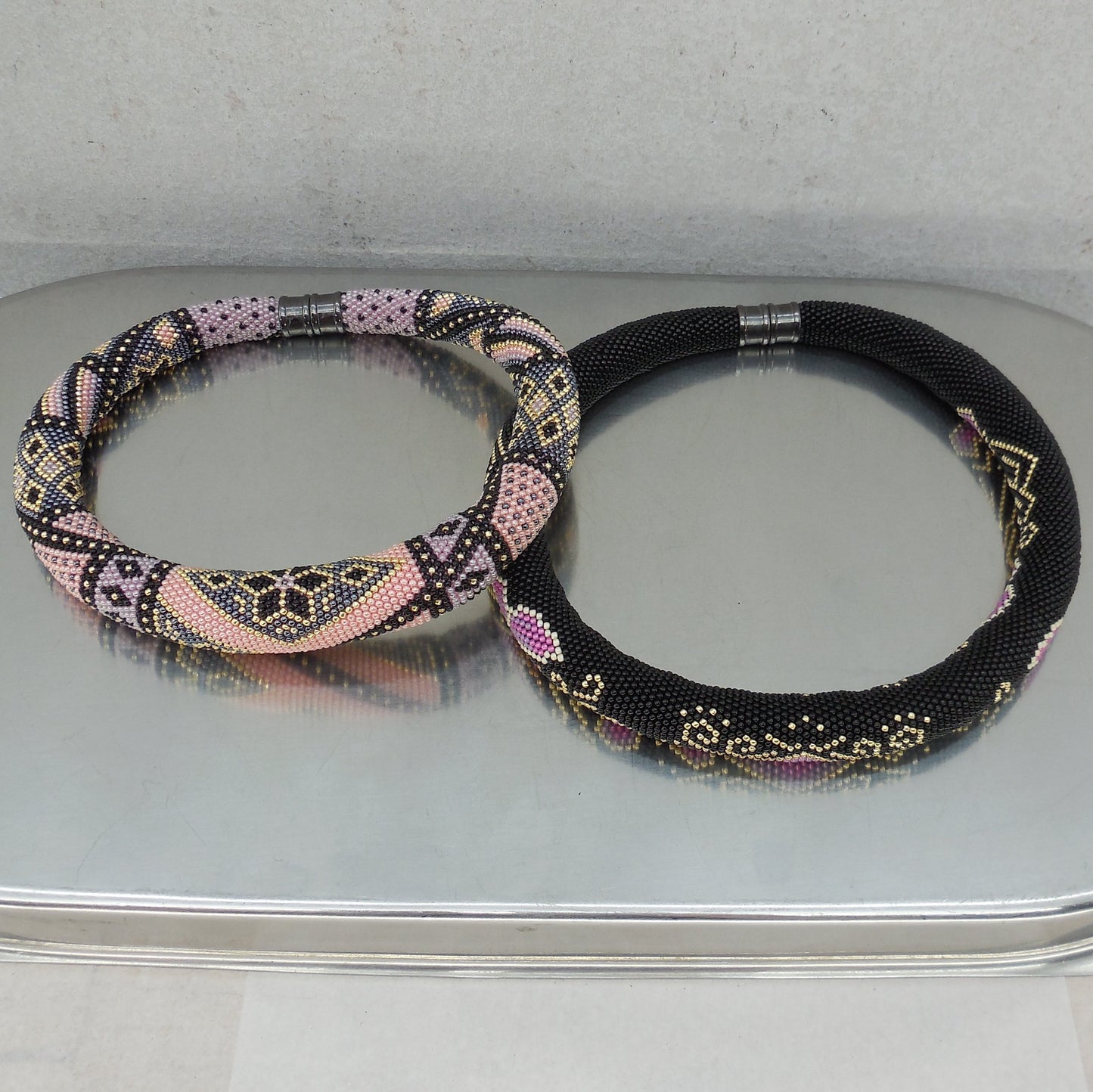Estate Pair Crochet Sead Bead Rope Necklaces Chokers Magnetic Pink Black 18" 20"