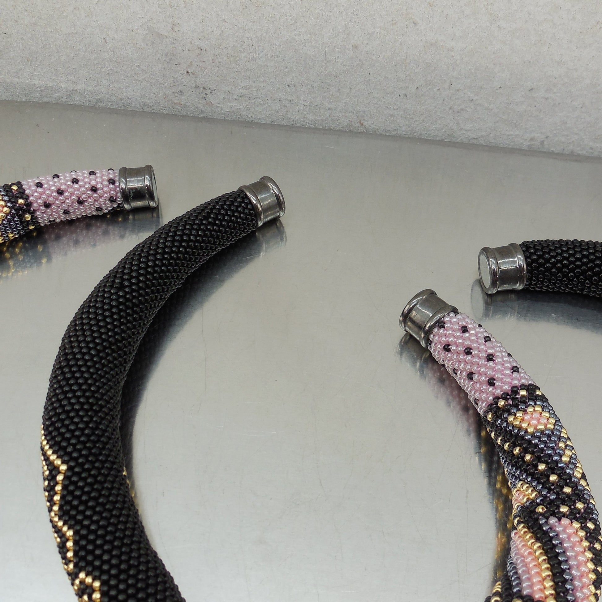 Estate Pair Crochet Sead Bead Rope Necklaces Chokers Magnetic Pink Black Clasp