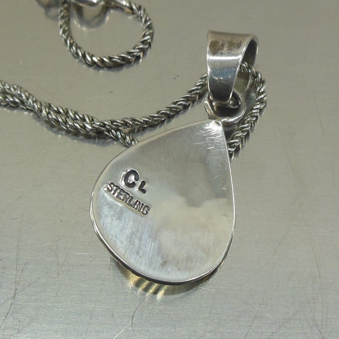 CL Signed Native American Sterling Orange Agate Pendant Necklace Maker mark
