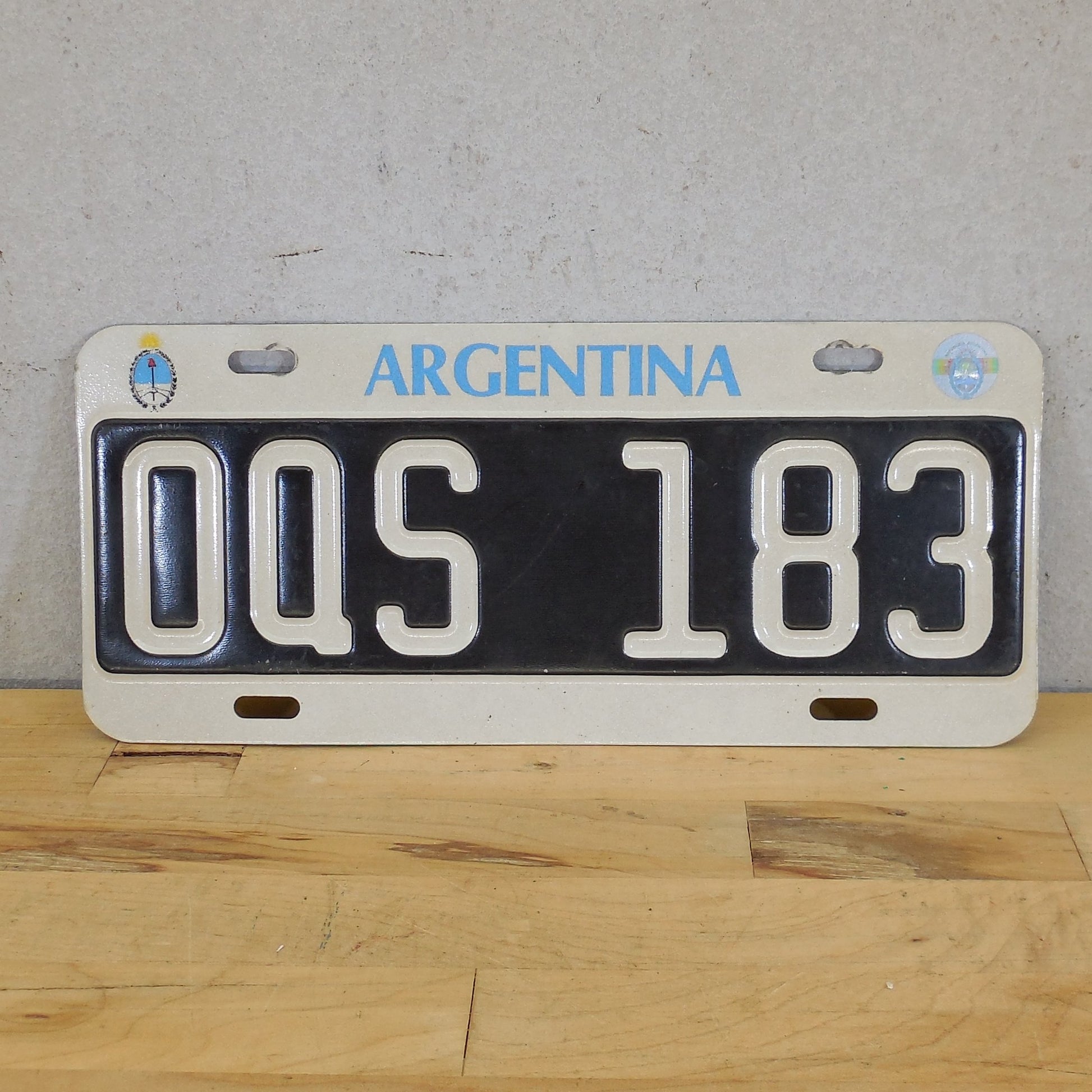 Argentina License Plate Tag  0QS 183 Black White