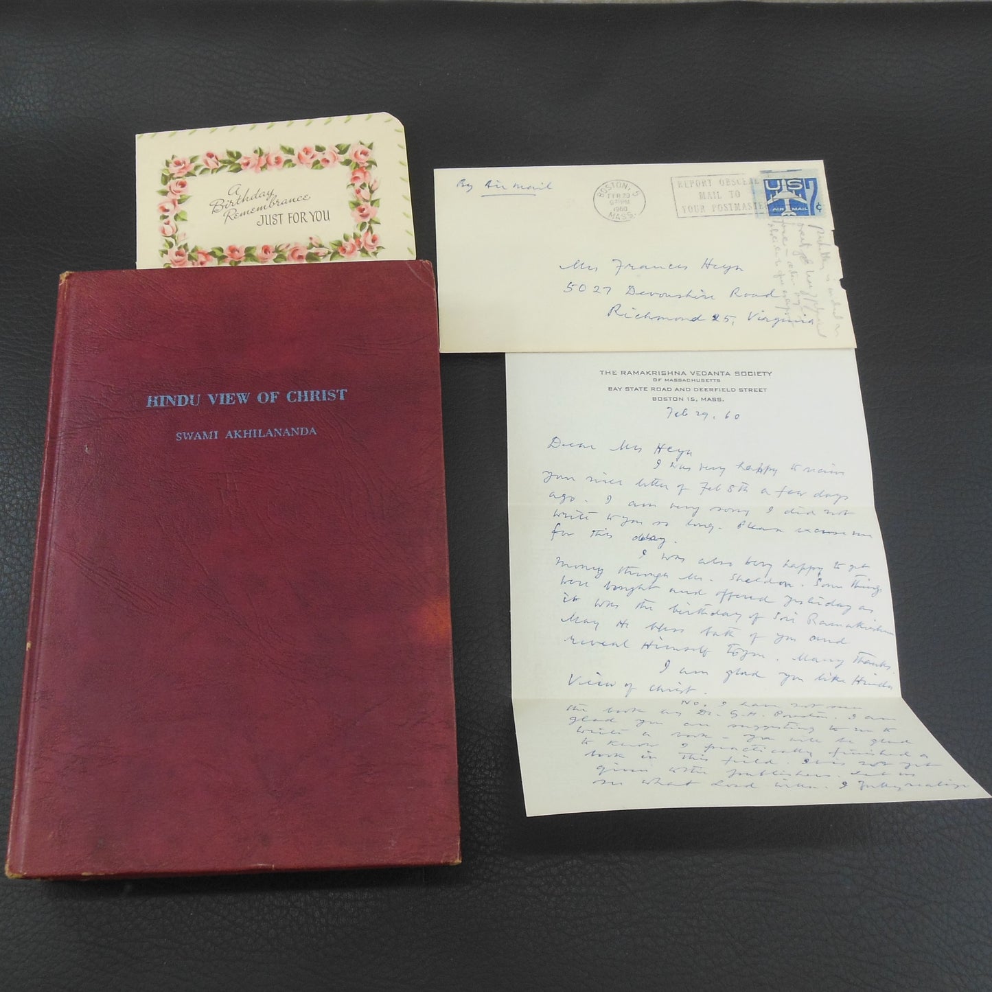 Swami Akhilananda Signed Letter in Book - Hindu View of Christ 1949