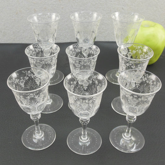 Thomas Webb Crystal Glass 9 Lot Stemware Aperitifs Flower Ribbon