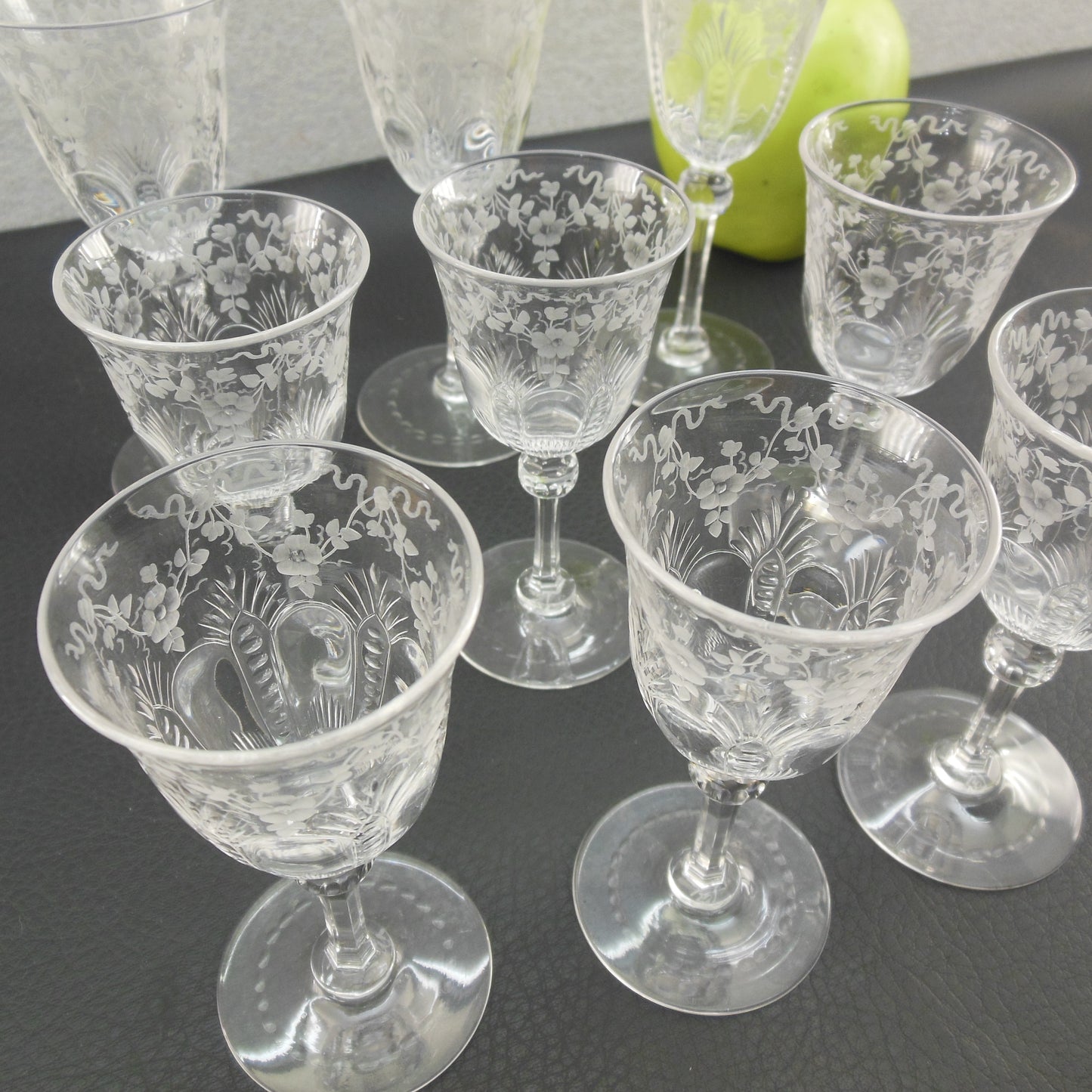 Thomas Webb Crystal Glass 9 Lot Stemware Aperitifs Flower Ribbon used