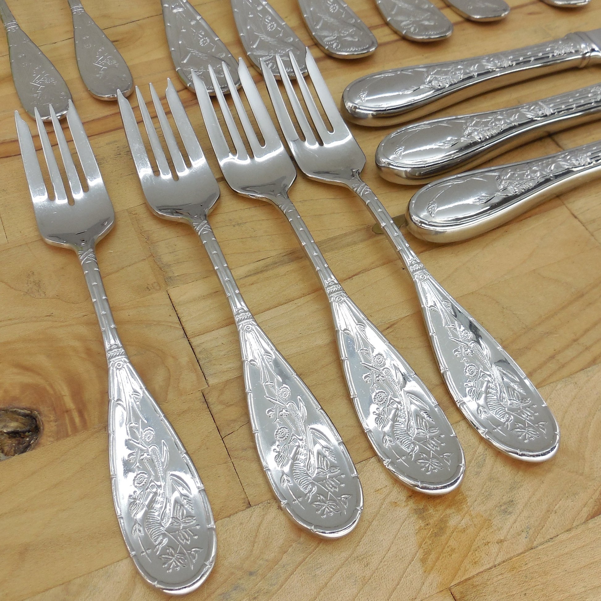 Ricci Argentieri Japanese Bird Stainless Flatware 17 Lot Spoon Fork Knife Salad Dinner