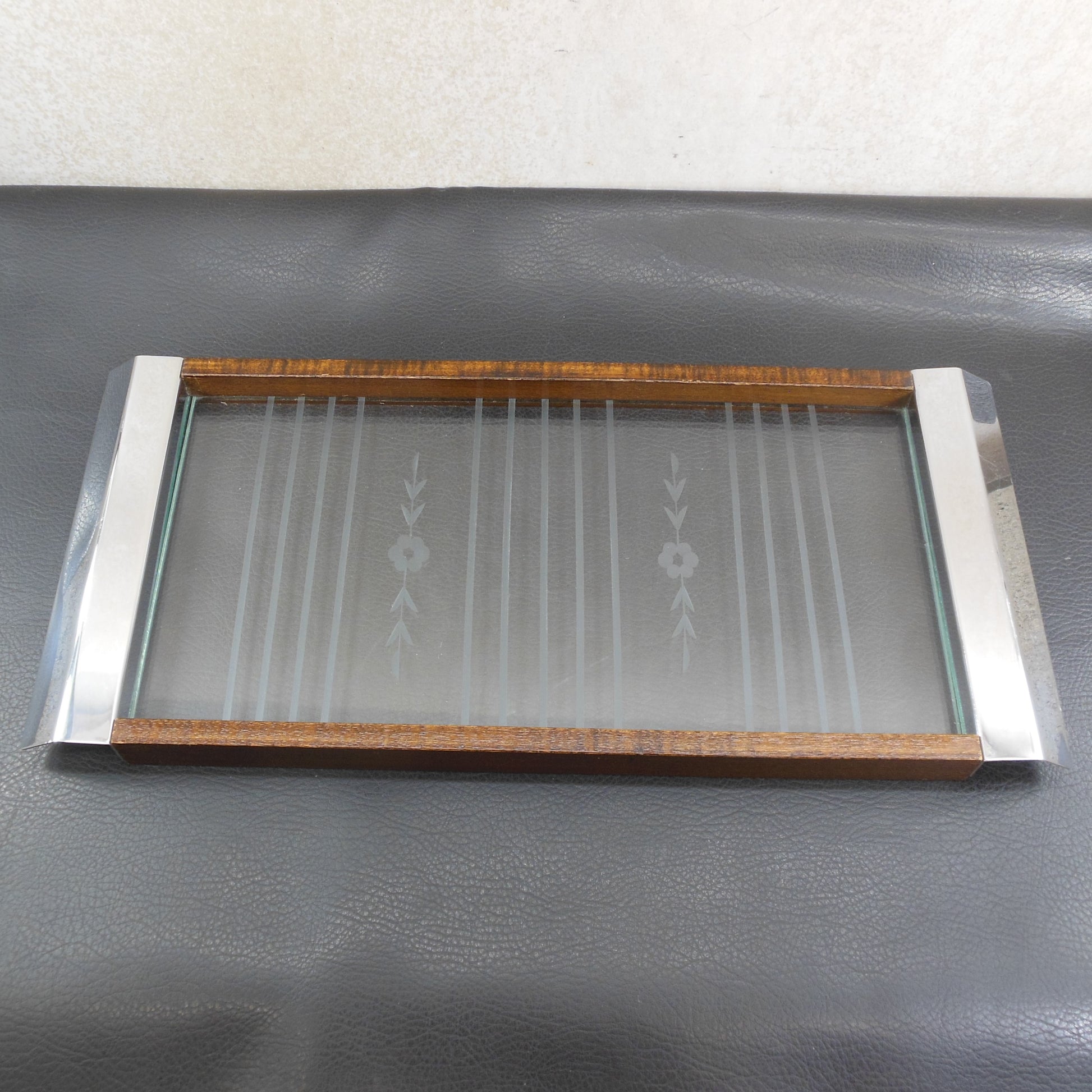 Art Deco Liquor Bar Service Tray Chrome Cut Glass Wood vintage