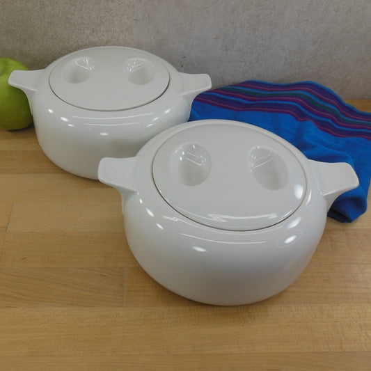 Azberg Germany Pair All White Porcelain Lidded Covered Dishes Bowls Modernist Delta Pattern
