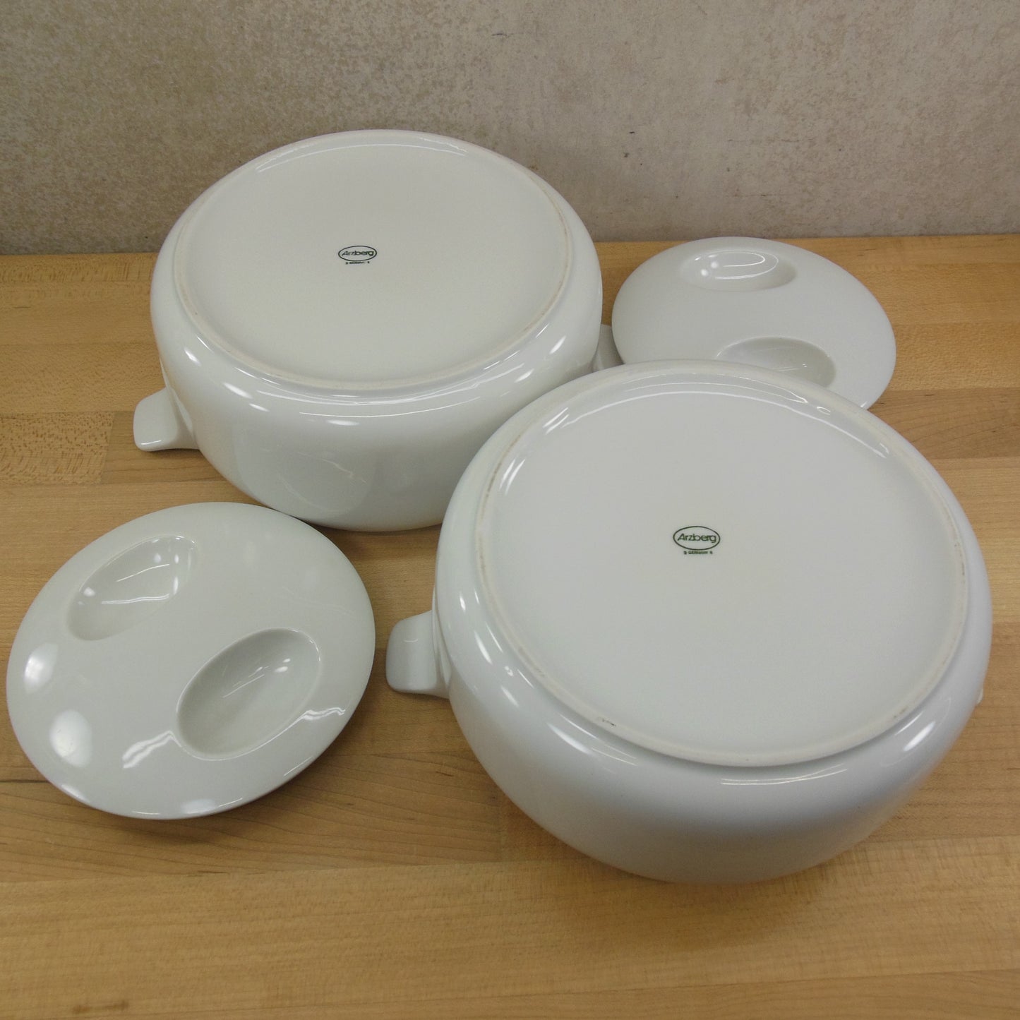 Azberg Germany Pair All White Porcelain Lidded Covered Dishes Bowls Modernist lug handles