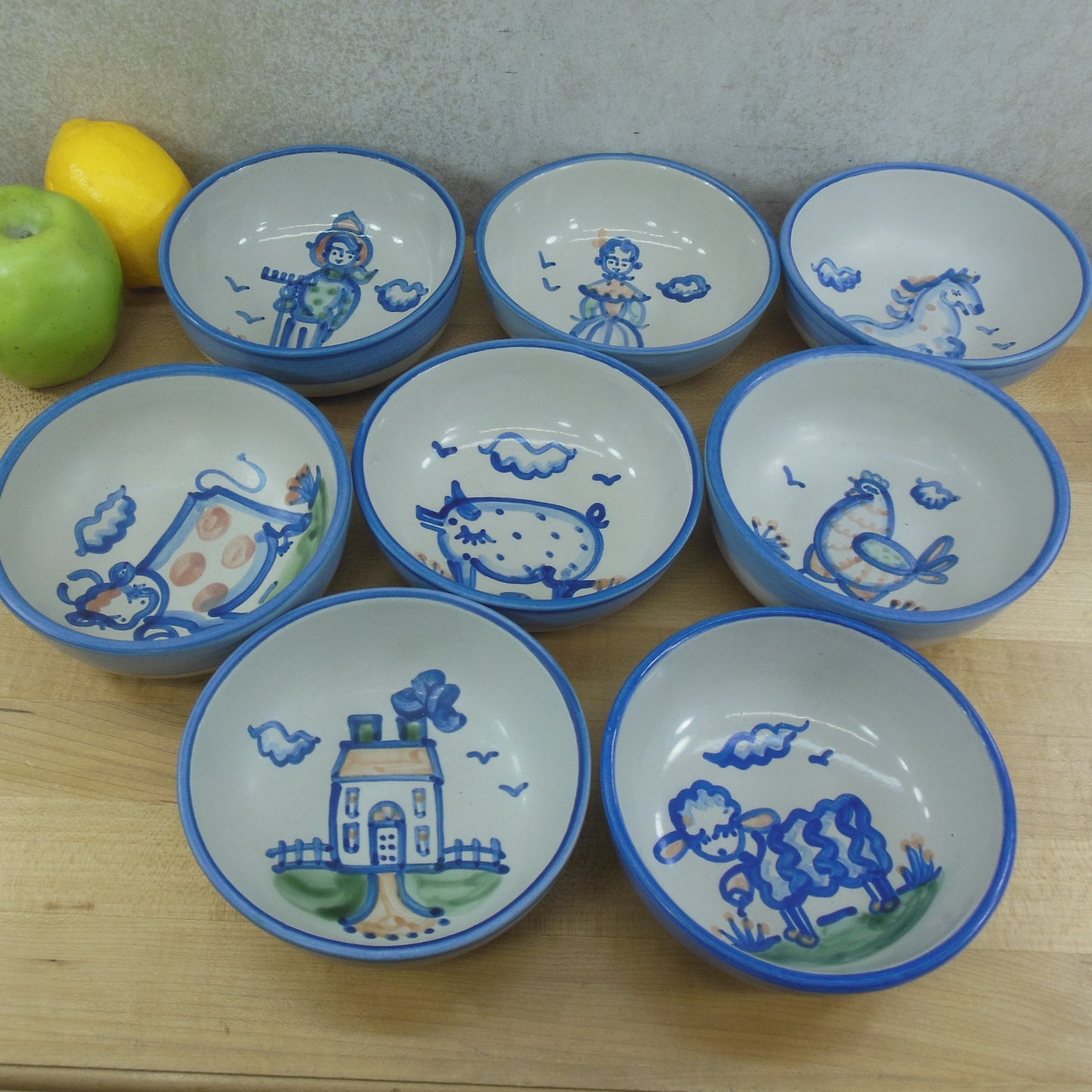 M.A. Hadley Pottery Cereal Bowls Country Farm Animals - 8 Set