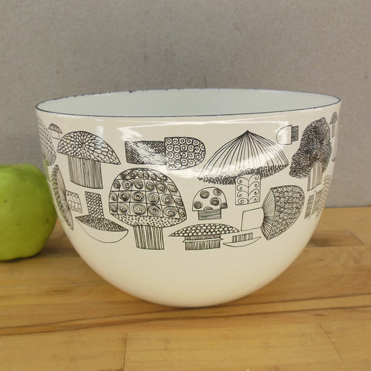 Arabia Finel Finland Enamelware Bowl White Black Mushrooms
