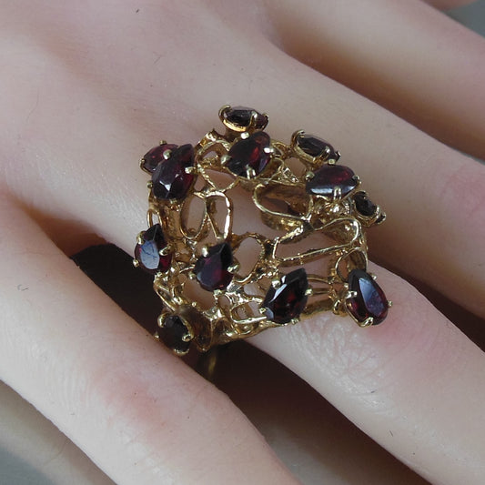 Cocktail Ring Layered Chunky 14K Yellow Gold Red Root Beer Tourmaline Stones
