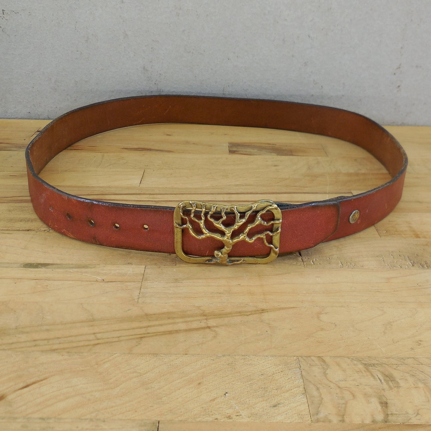 1970's Signed Baldwin Brutalist Brass Tree Buckle Leather Belt Hippie