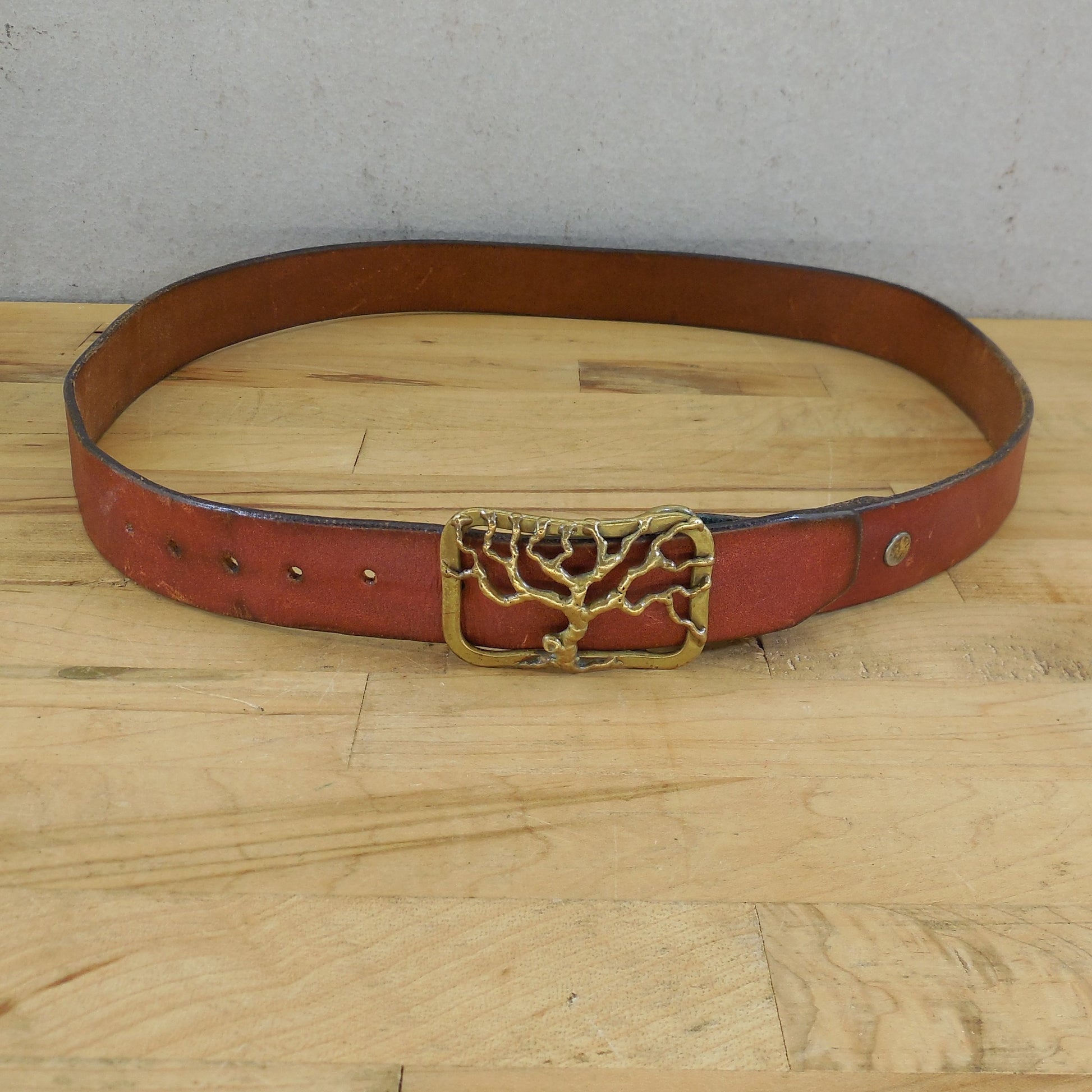 1970's Signed Baldwin Brutalist Brass Tree Buckle Leather Belt Hippie