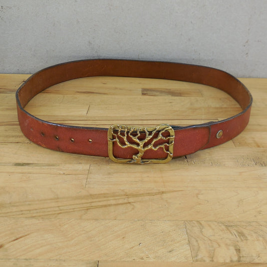 1970's Signed Baldwin Brutalist Brass Tree Buckle Leather Belt Hippie