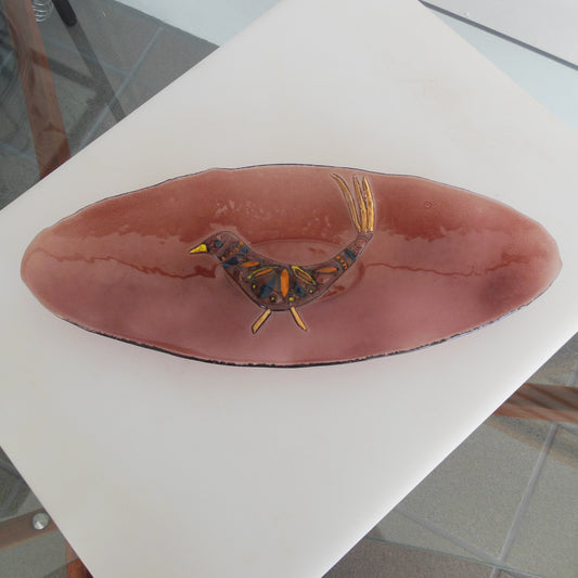Unsigned Fused Enamel Glass Bird Oval Tray Platter Dish Purple/Brown