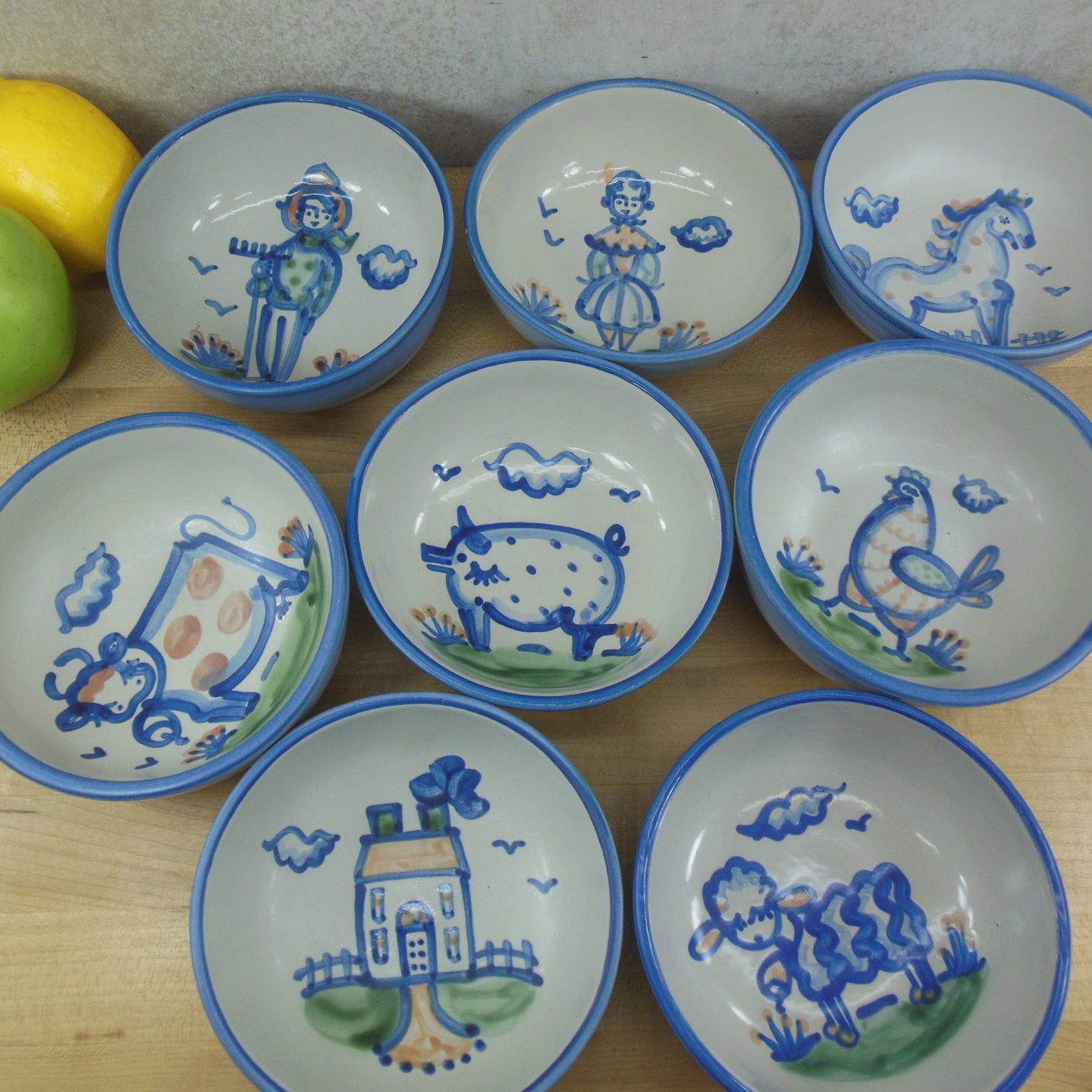 M.A. Hadley Pottery Cereal Bowls Country Farm Animals - 8 Set vintage