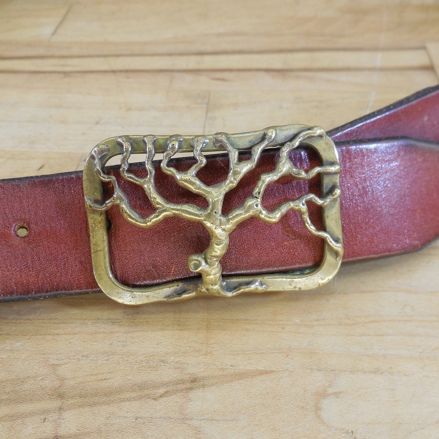1970's Signed Baldwin Brutalist Brass Tree Buckle Leather Belt Hippie