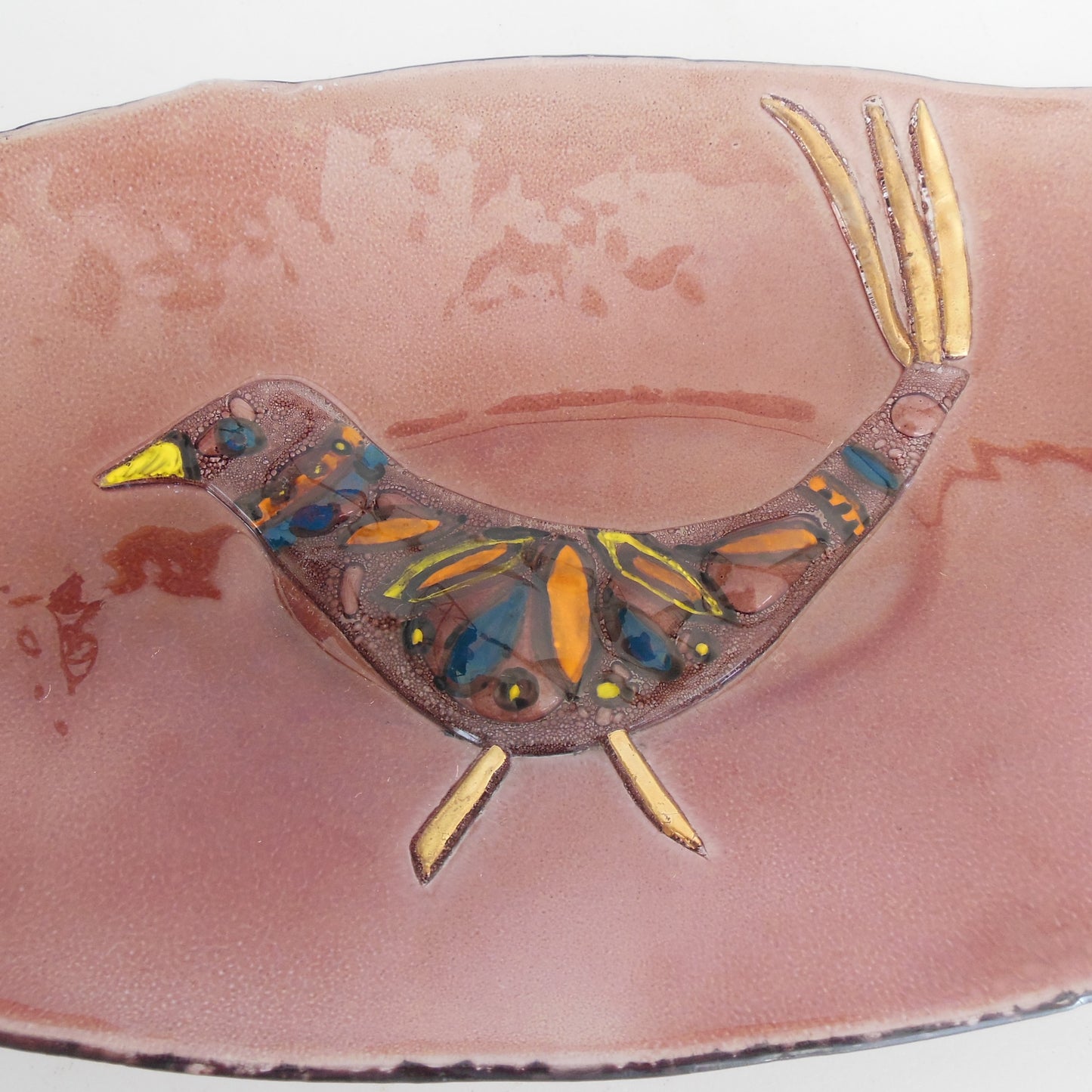 Unsigned Fused Enamel Glass Bird Oval Tray Platter Dish Purple/Brown vintage