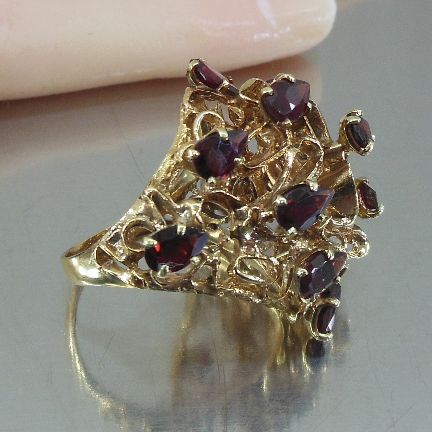 Cocktail Ring Layered Chunky 14K Yellow Gold Red Root Beer Tourmaline Stones Pear Shape 14