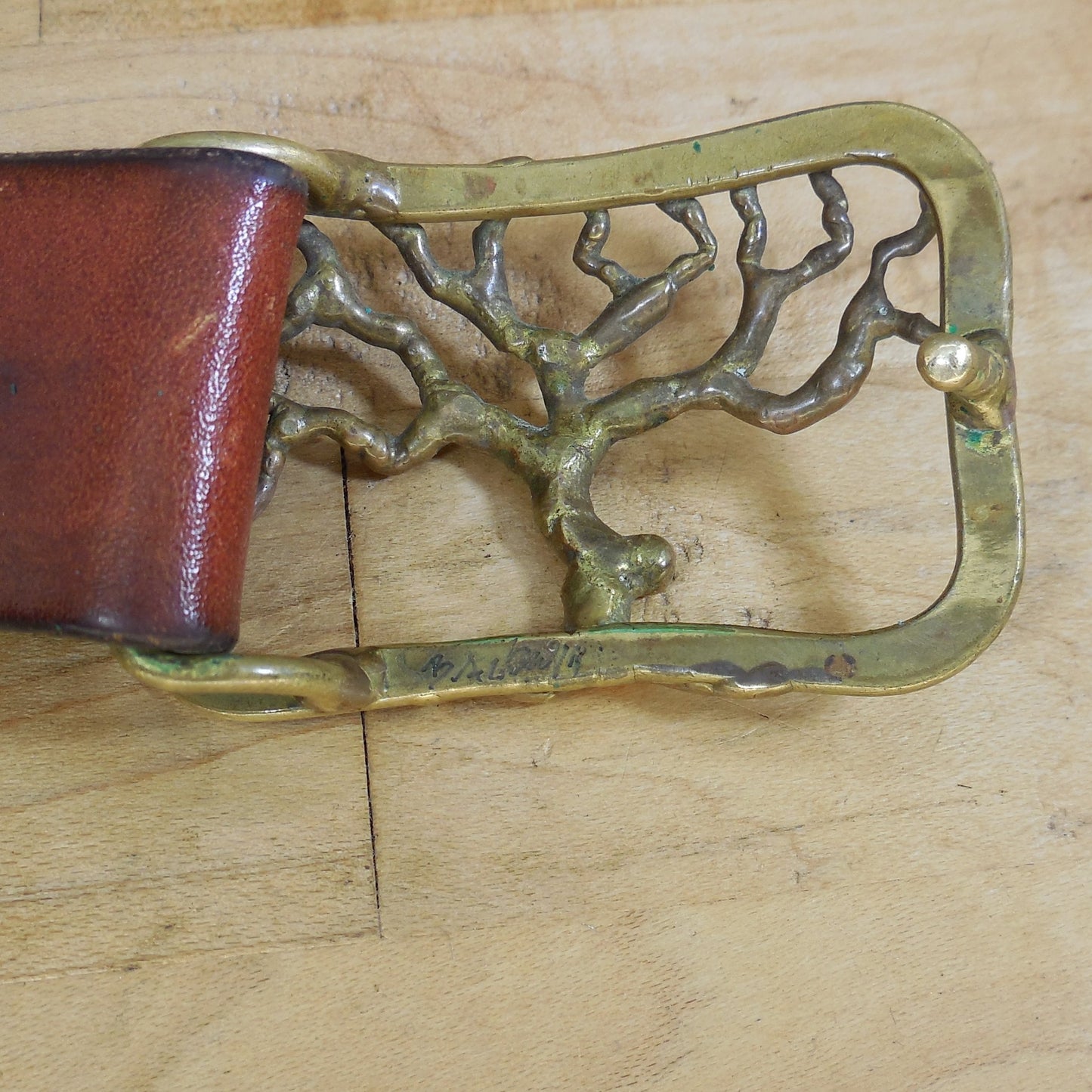 1970's Signed Baldwin Brutalist Brass Tree Buckle Leather Belt Hippie