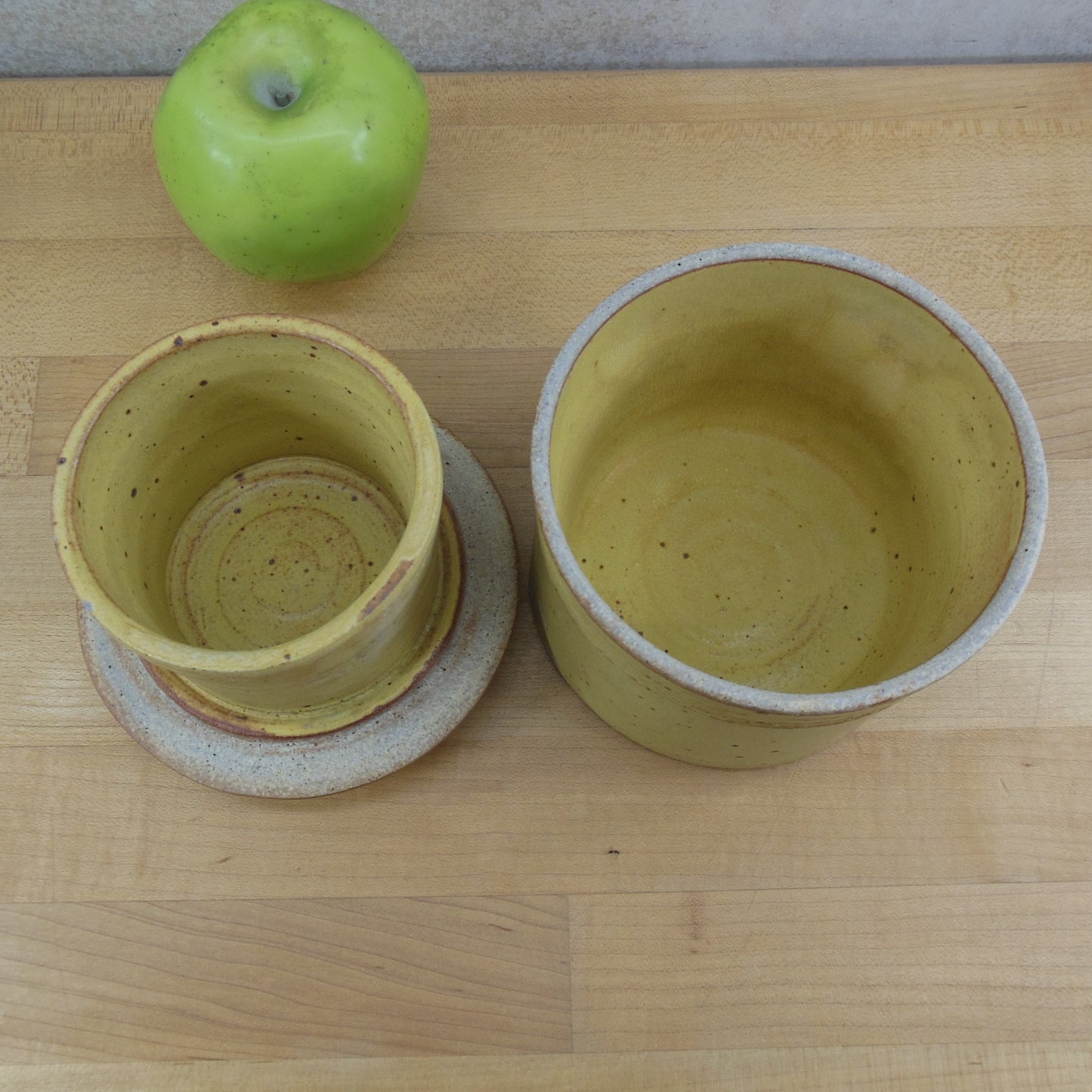 Signed J Yellow Stoneware Pottery Butter Bell Jar Vintage