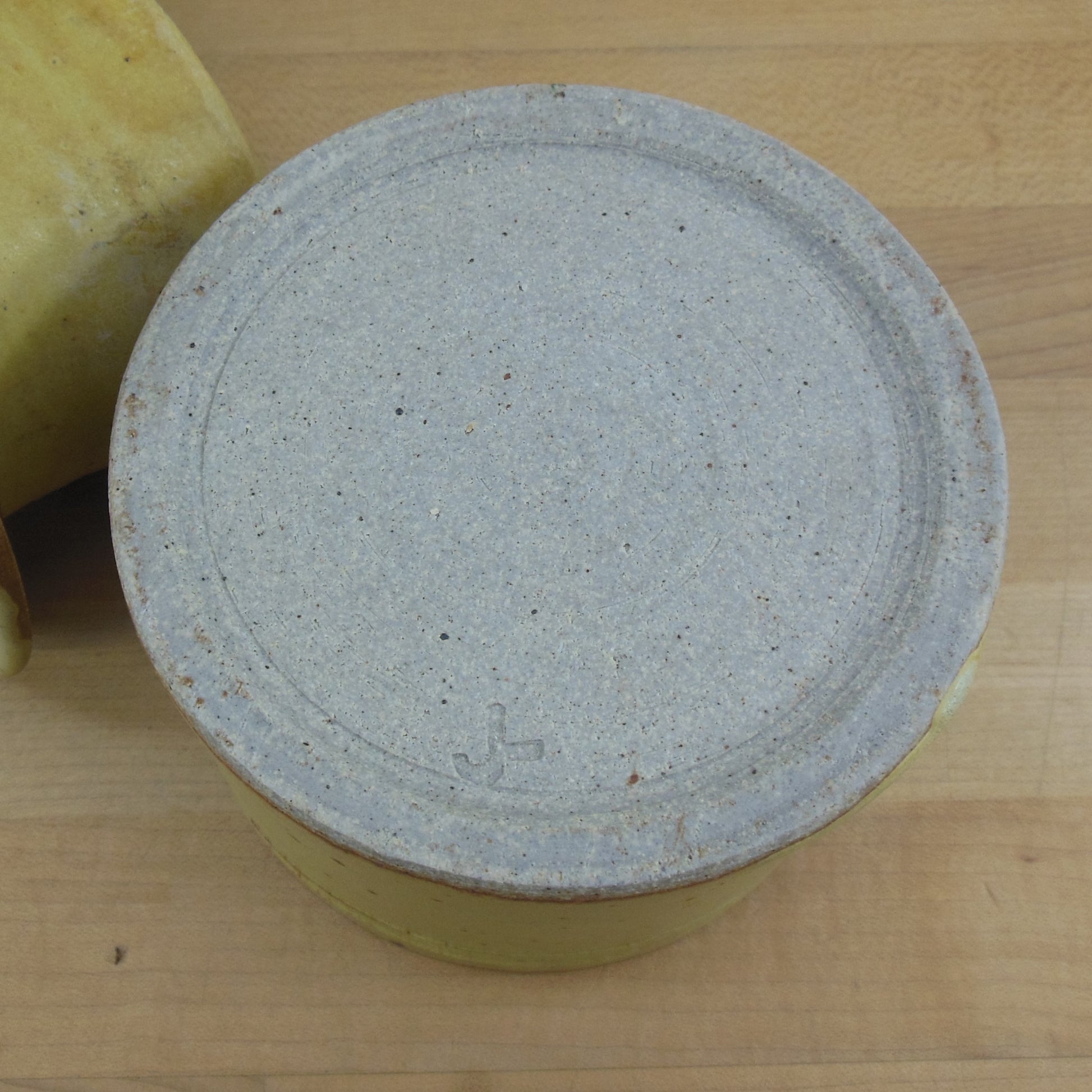 Signed J Yellow Stoneware Pottery Butter Bell Jar Maker Mark