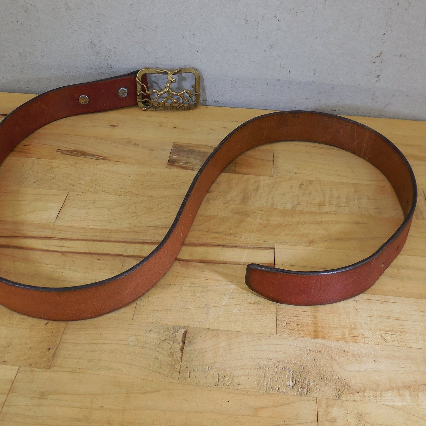 1970's Signed Baldwin Brutalist Brass Tree Buckle Leather Belt Hippie