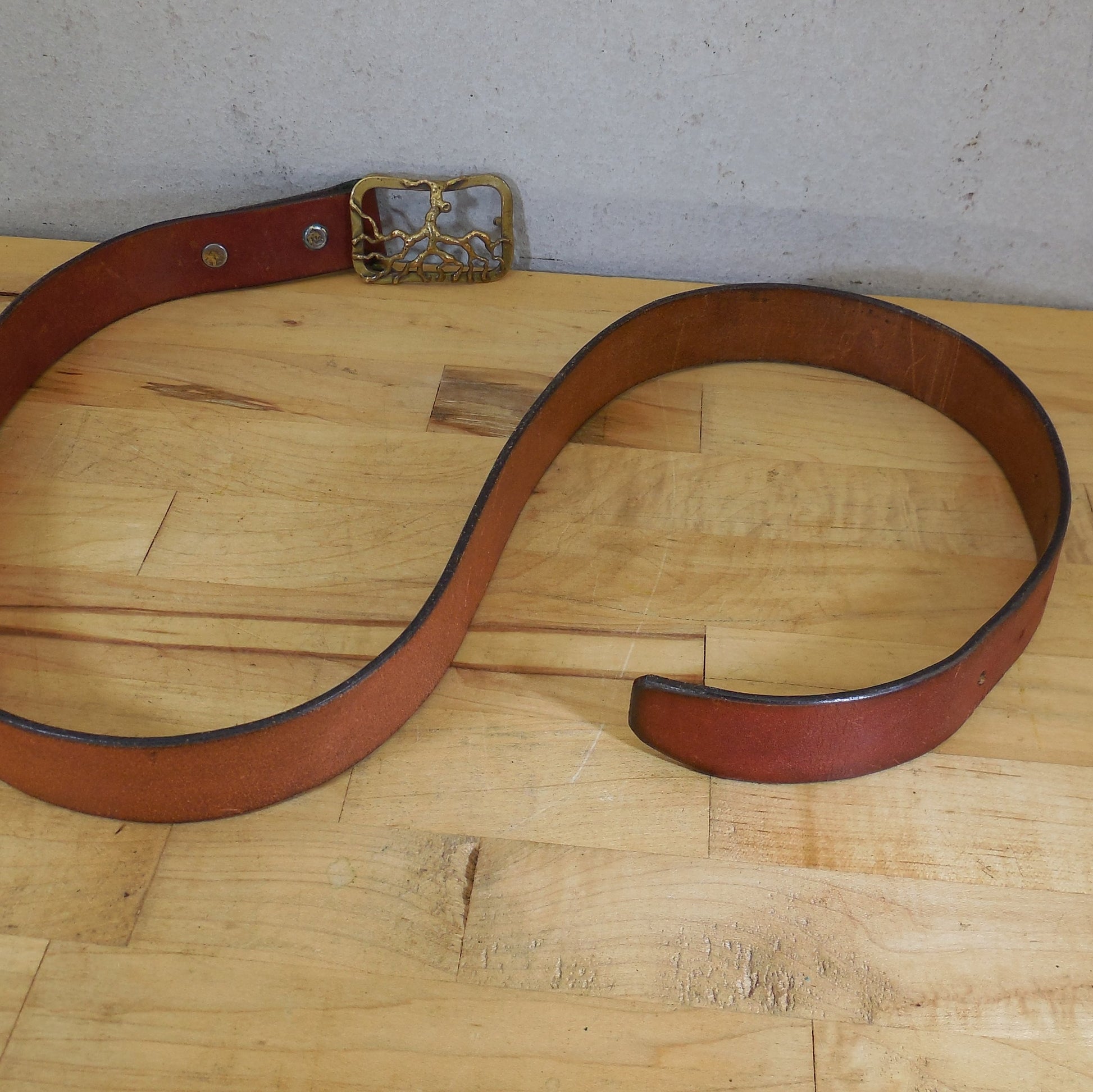 1970's Signed Baldwin Brutalist Brass Tree Buckle Leather Belt Hippie