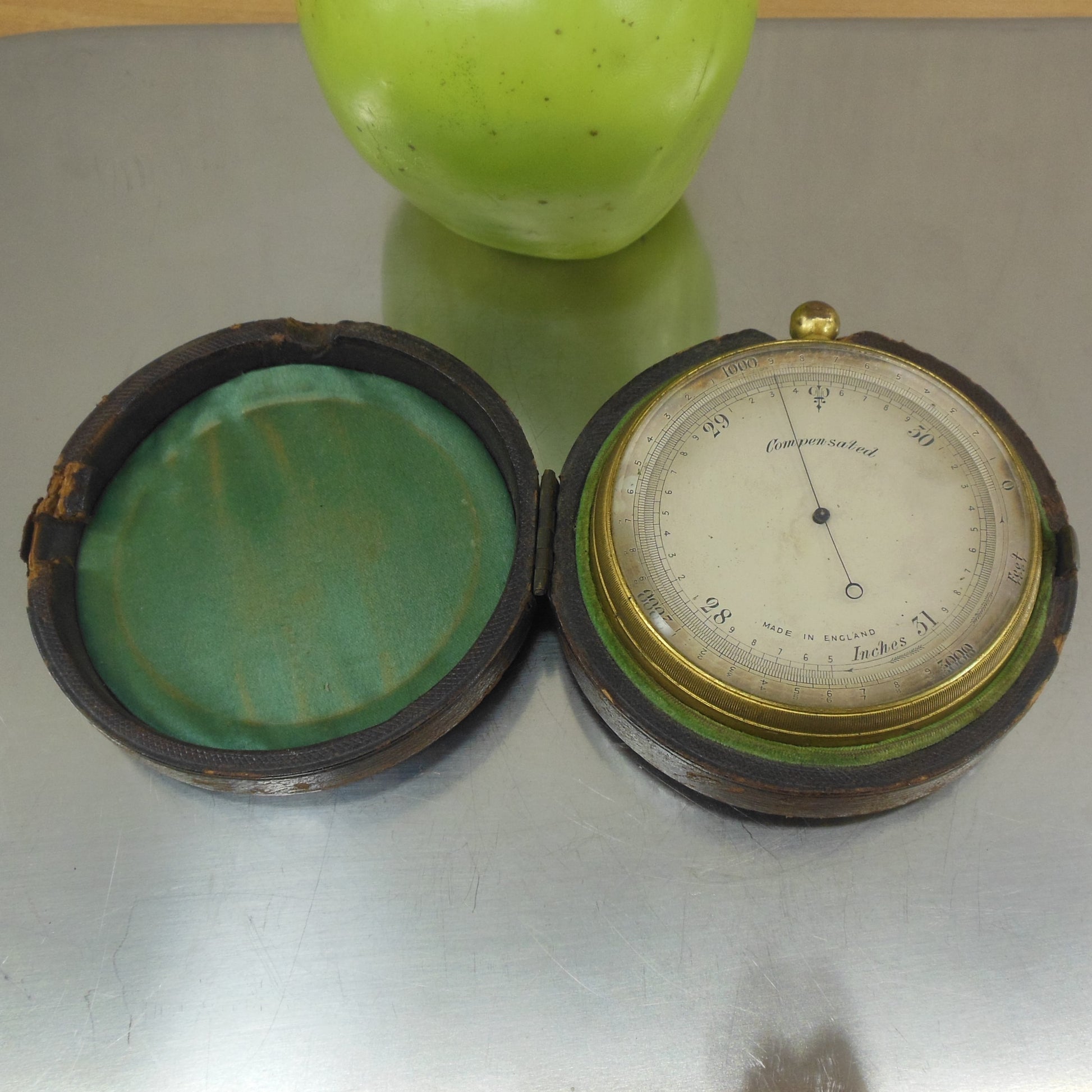 Antique Compensated England Brass Pocket Barometer And Case