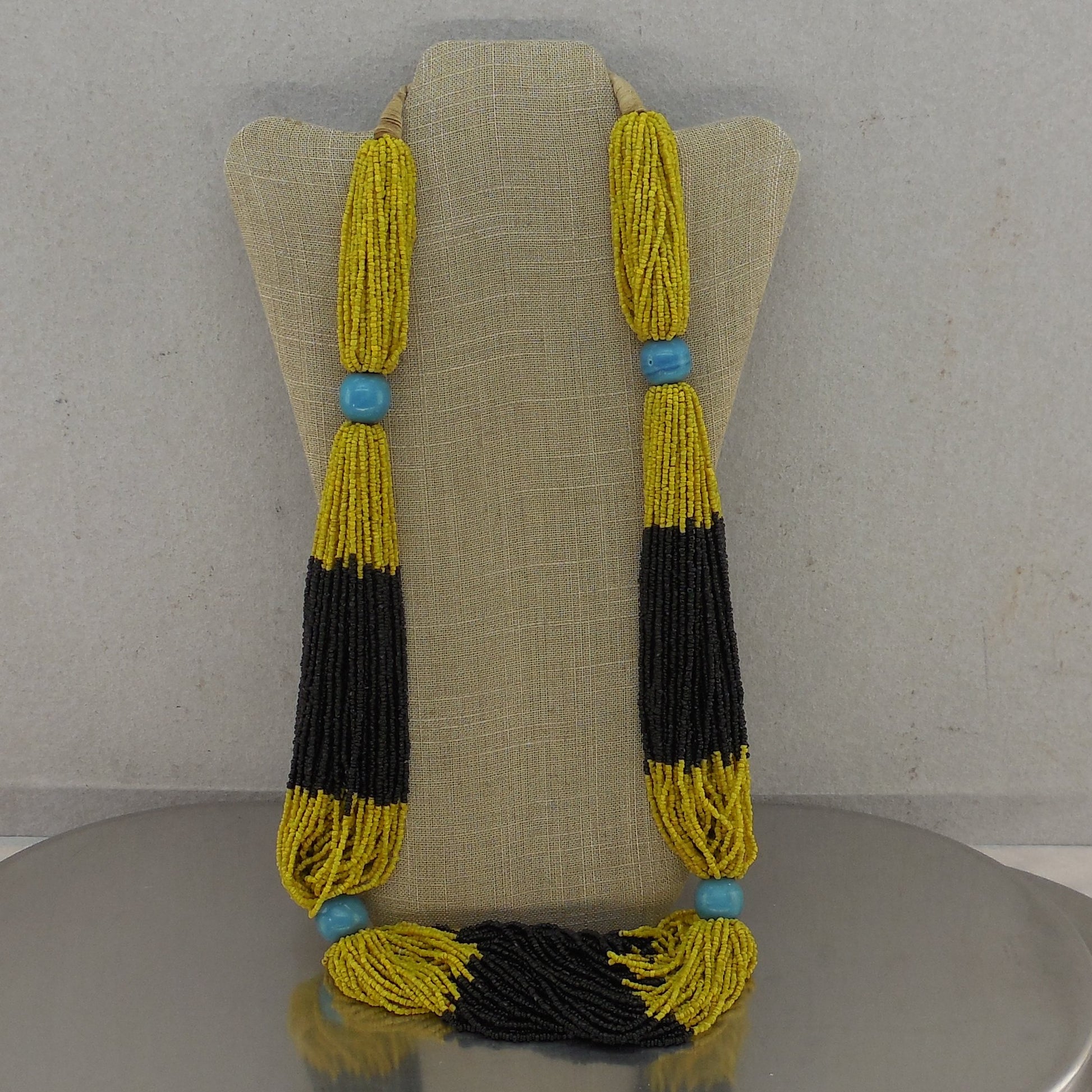 African Style Heavy Glass Seed Bead Necklace Yellow Black Turquoise Tribal
