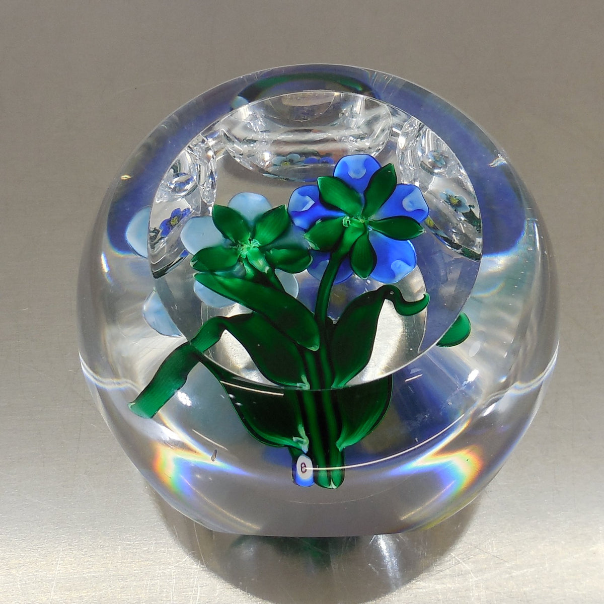 Ray Banford Art Glass Paperweight Blue Flowers Faceted Windows