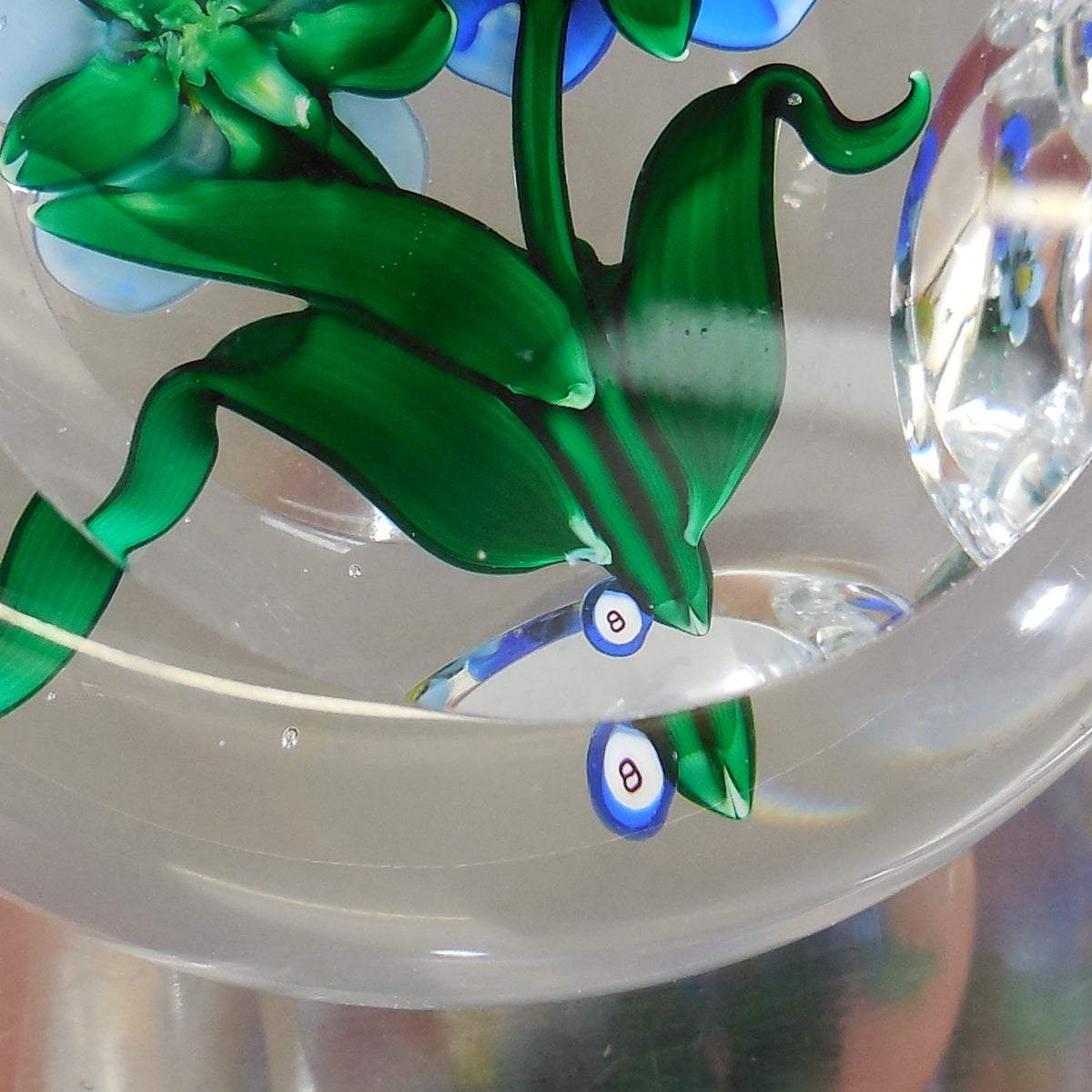 Ray Banford Art Glass Paperweight Blue Flowers Faceted Windows