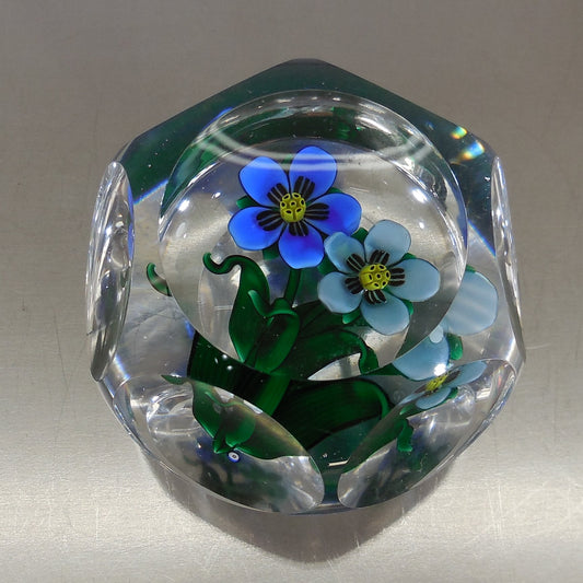 Ray Banford Art Glass Paperweight Blue Flowers Faceted Windows