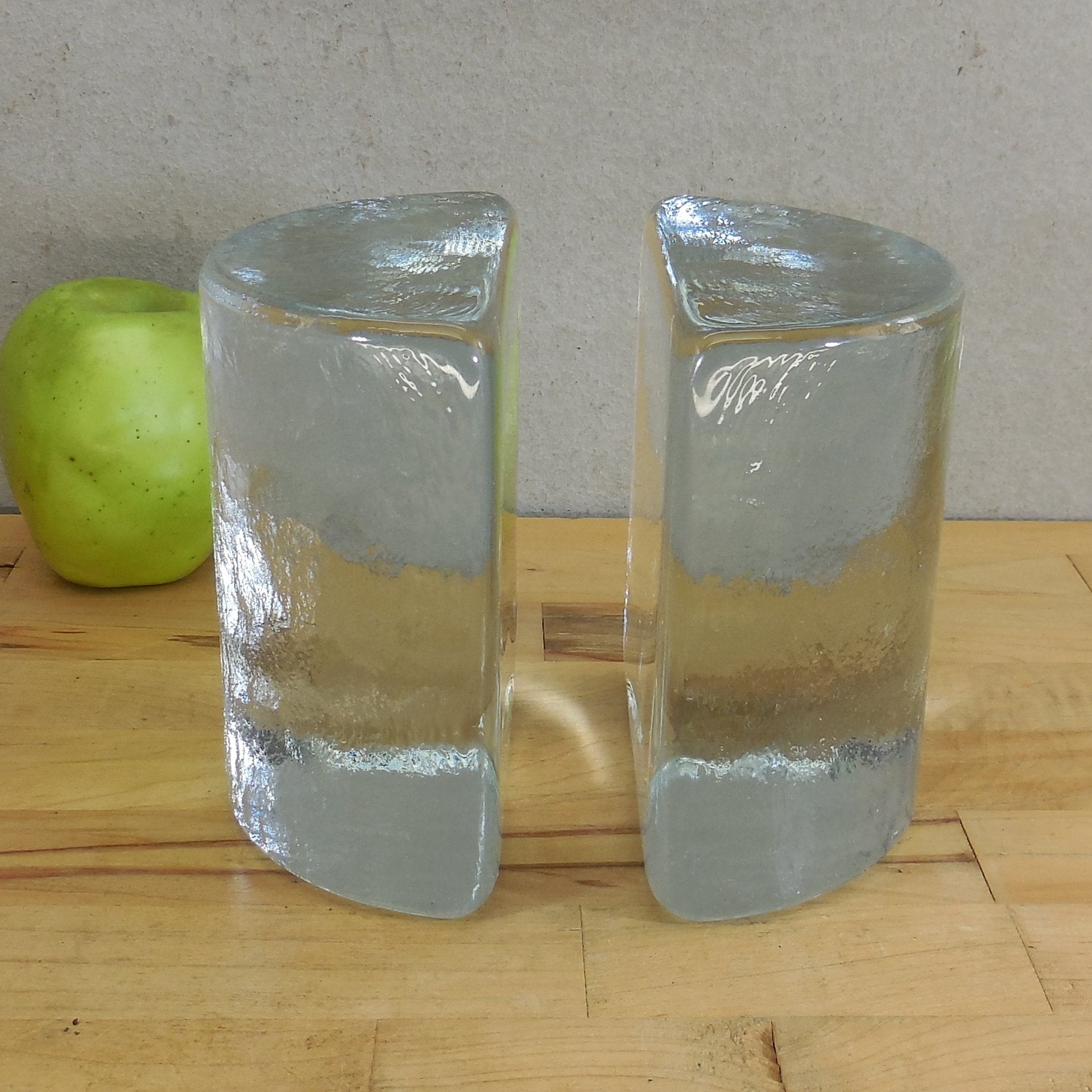 Blenko Glass USA Pair Half Moon Bookends Clear Blue Tint Label