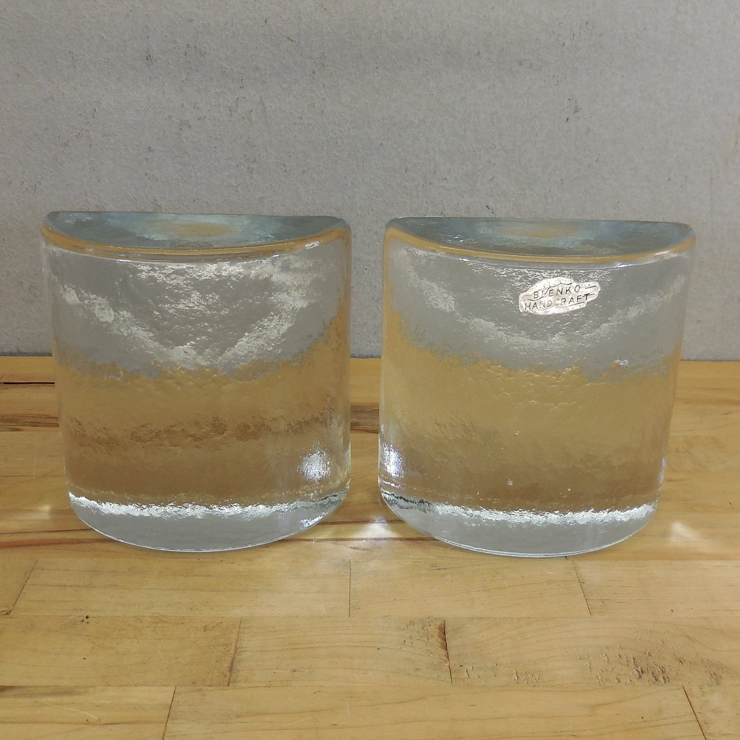 Blenko Glass USA Pair Half Moon Bookends Clear Blue Tint Label Vintage