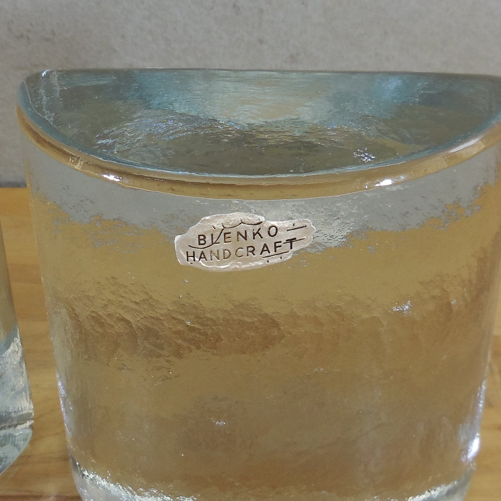 Blenko Glass USA Pair Half Moon Bookends Clear Blue Tint Label Pre-1983